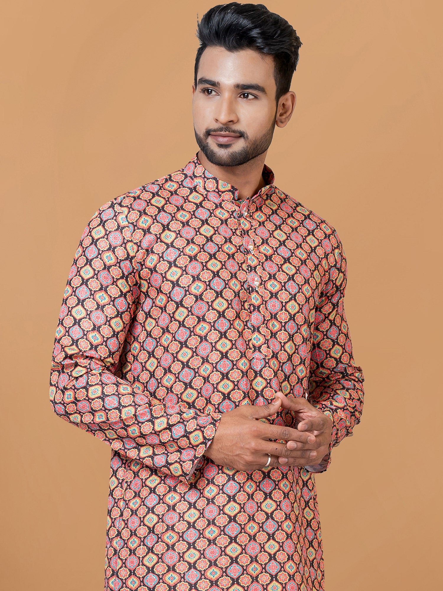 Brown Printed Cotton Kurta Pyjama For Men