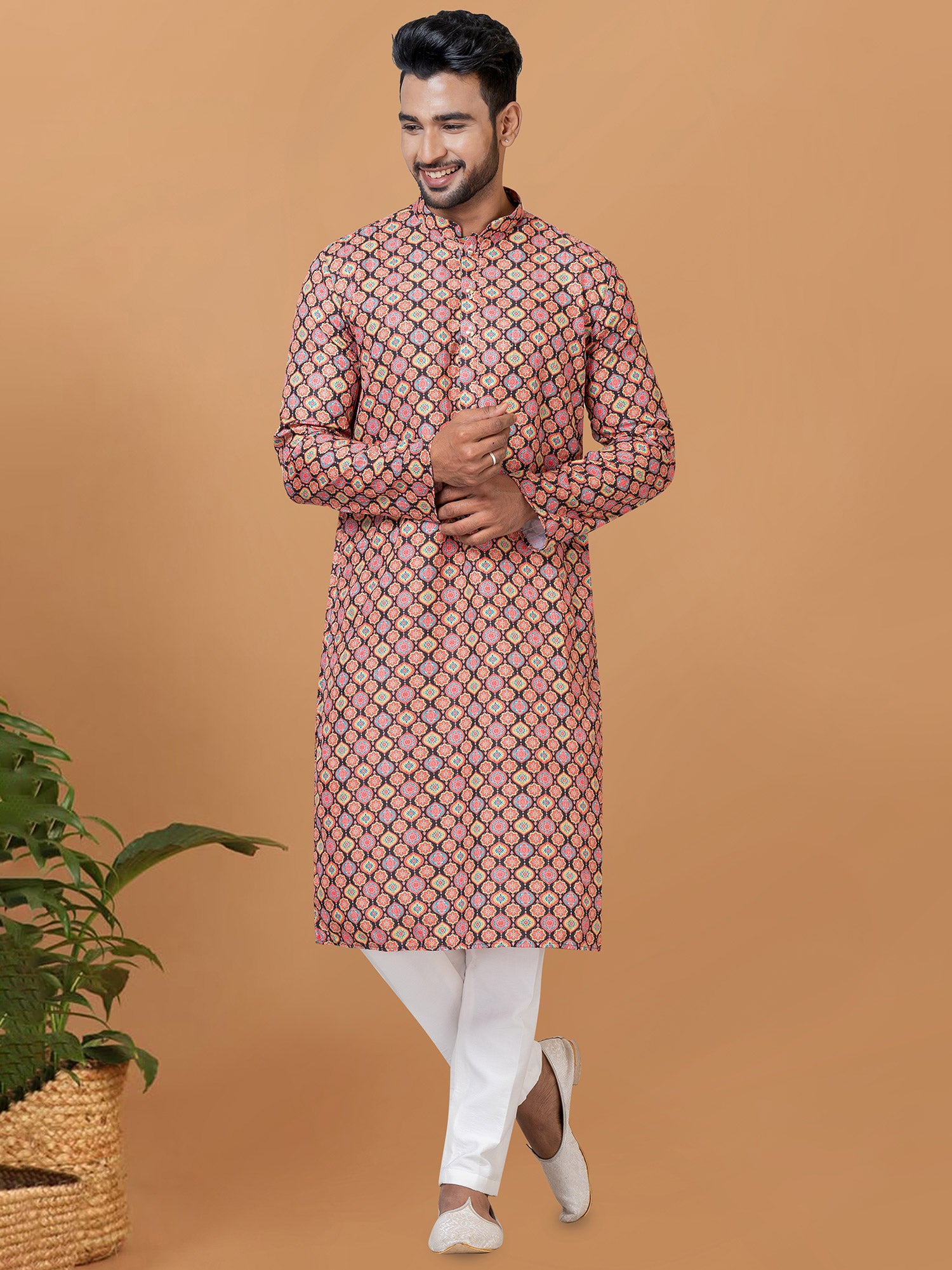 Brown Printed Cotton Kurta Pyjama For Men