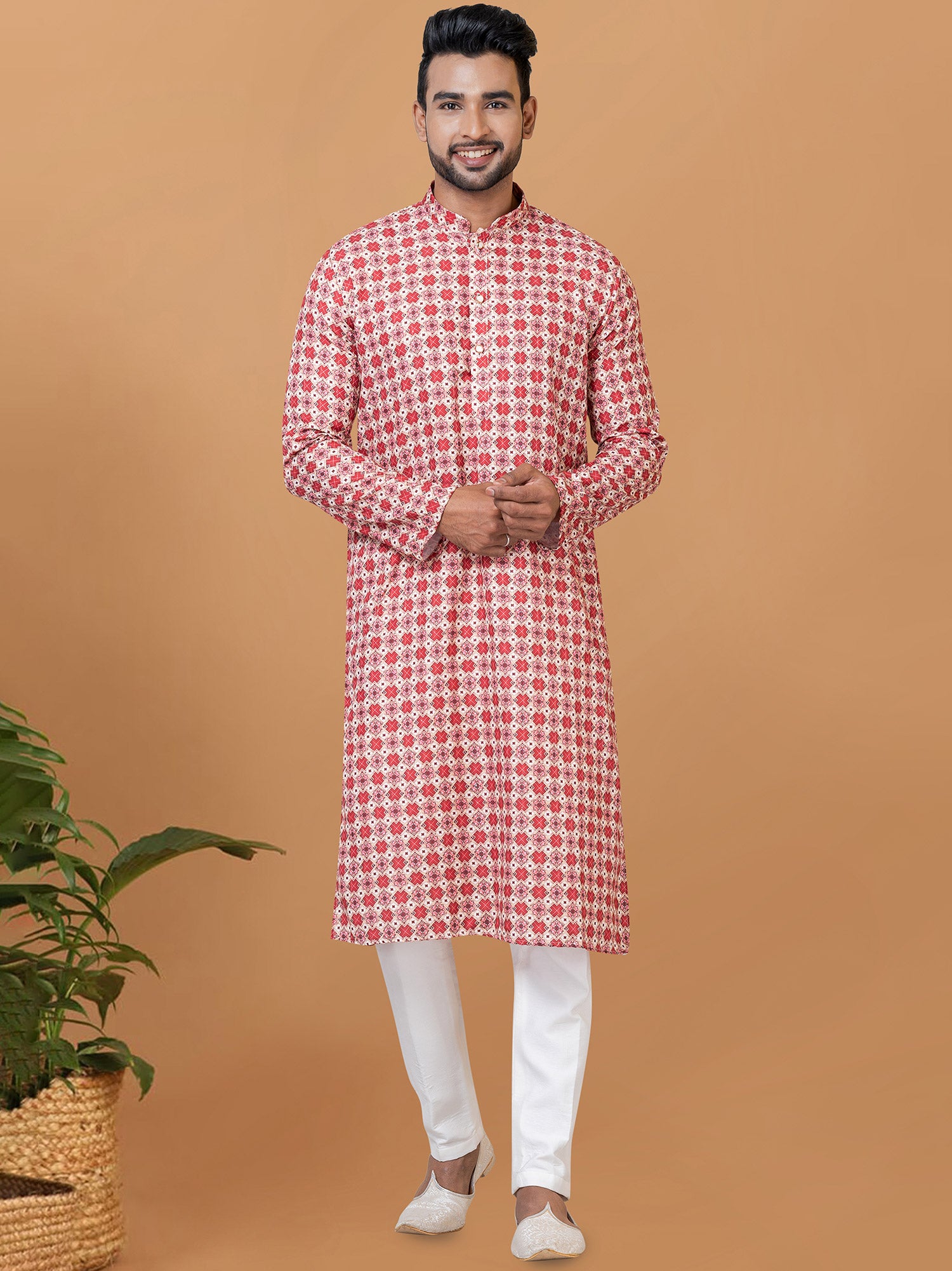 Red Printed Cotton Kurta Pajama For Men
