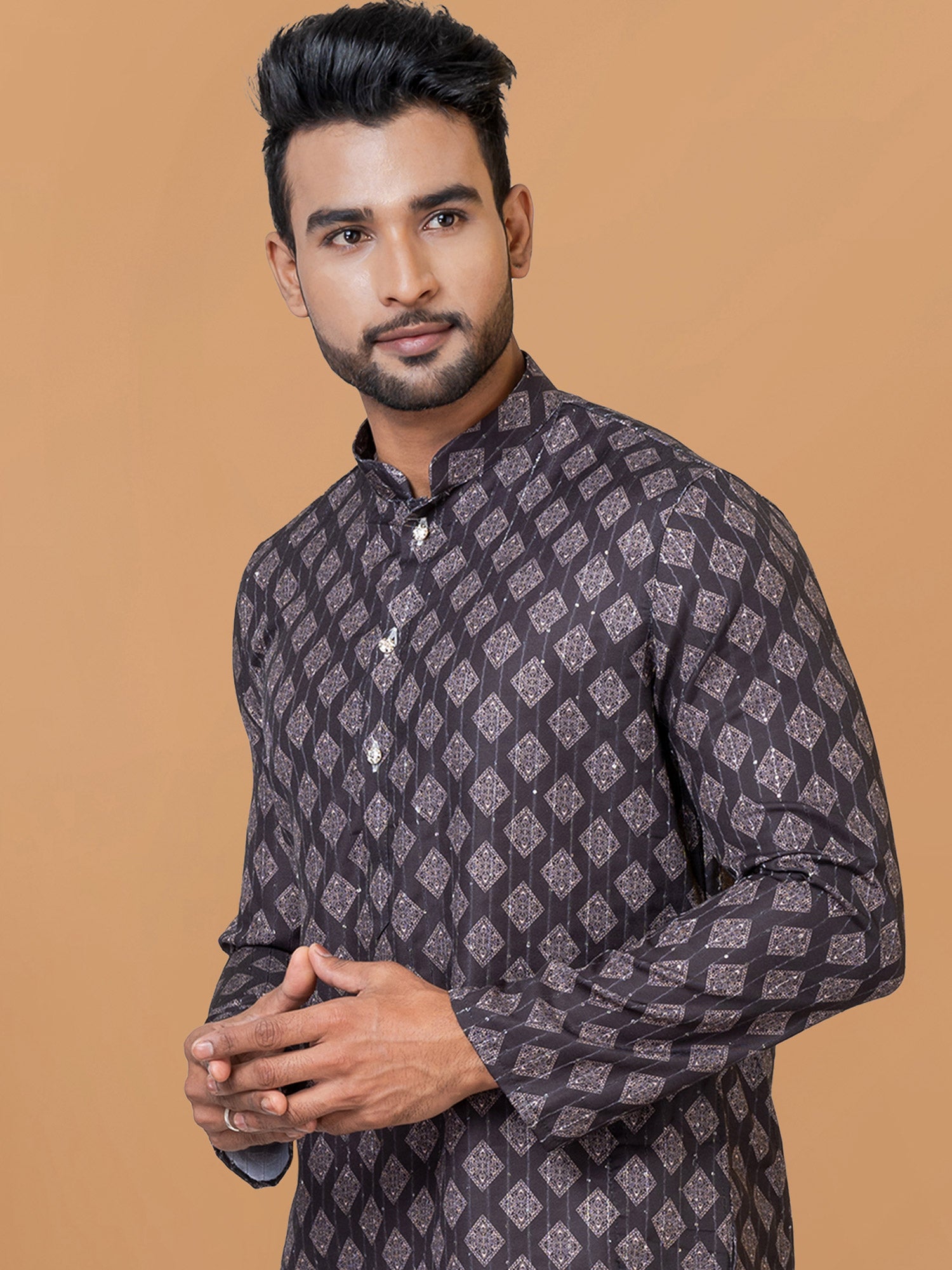 Dark Blue Printed Kurta Pyjama In Cotton