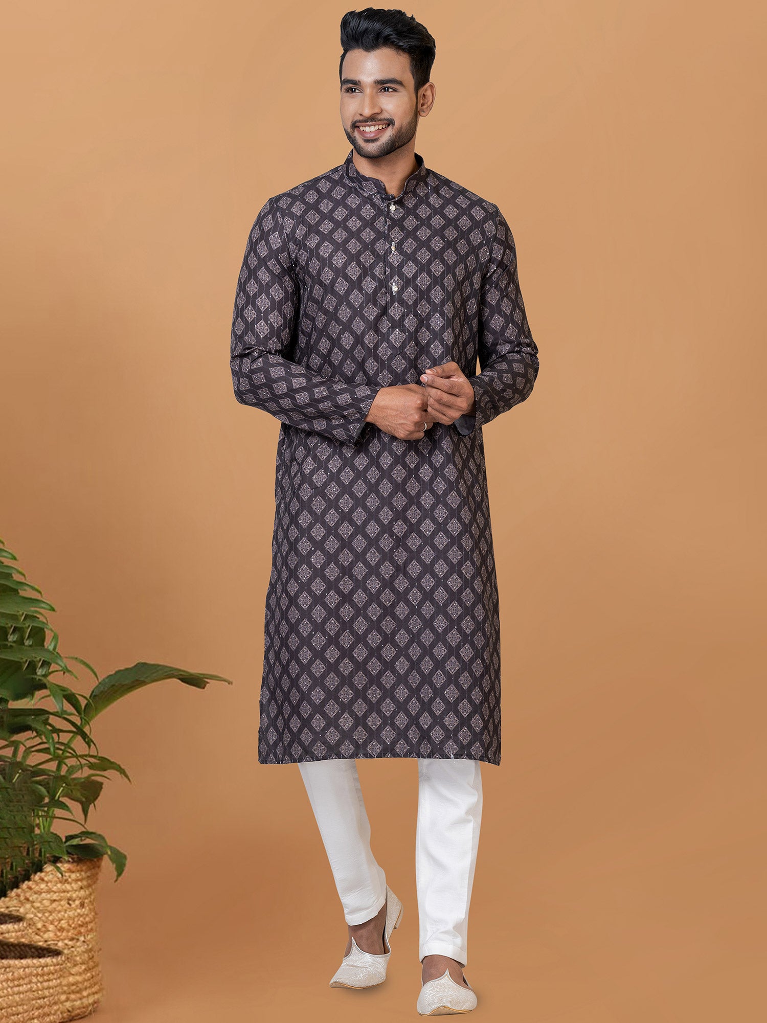 Dark Blue Printed Kurta Pyjama In Cotton
