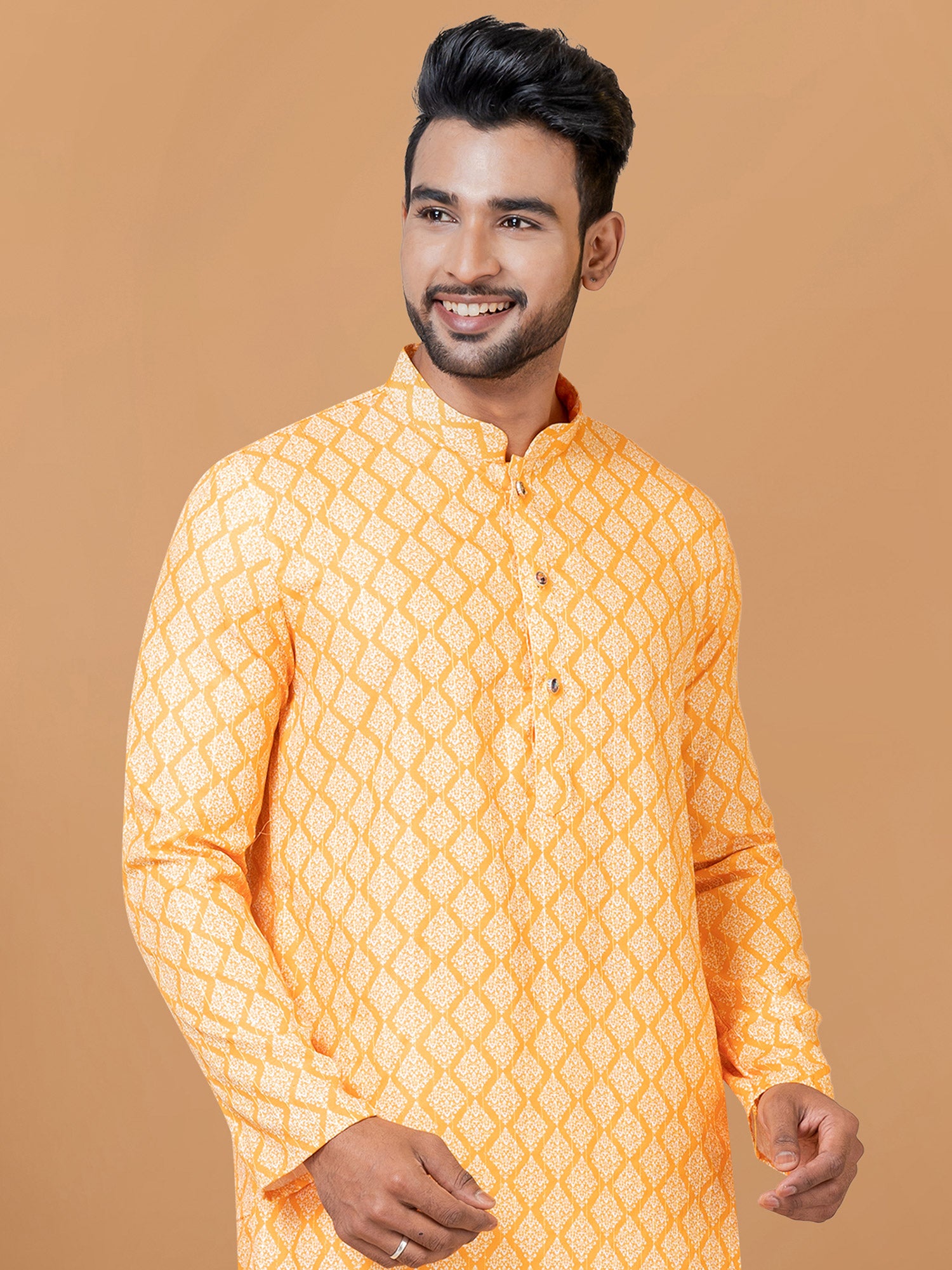 Yellow Cotton Kurta Pyjama With Prints