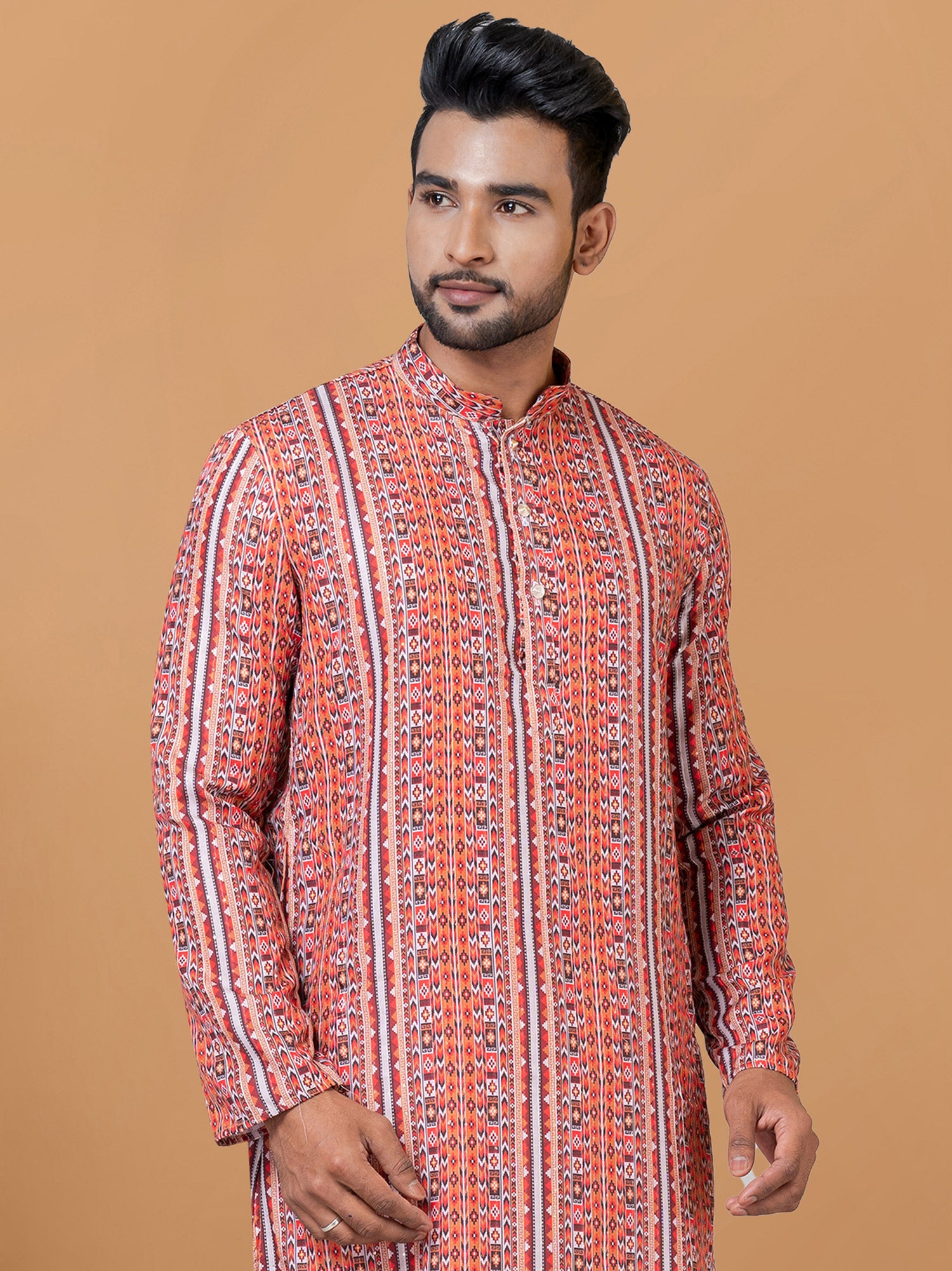 Orange Printed Party Wear Kurta Pyjama Set