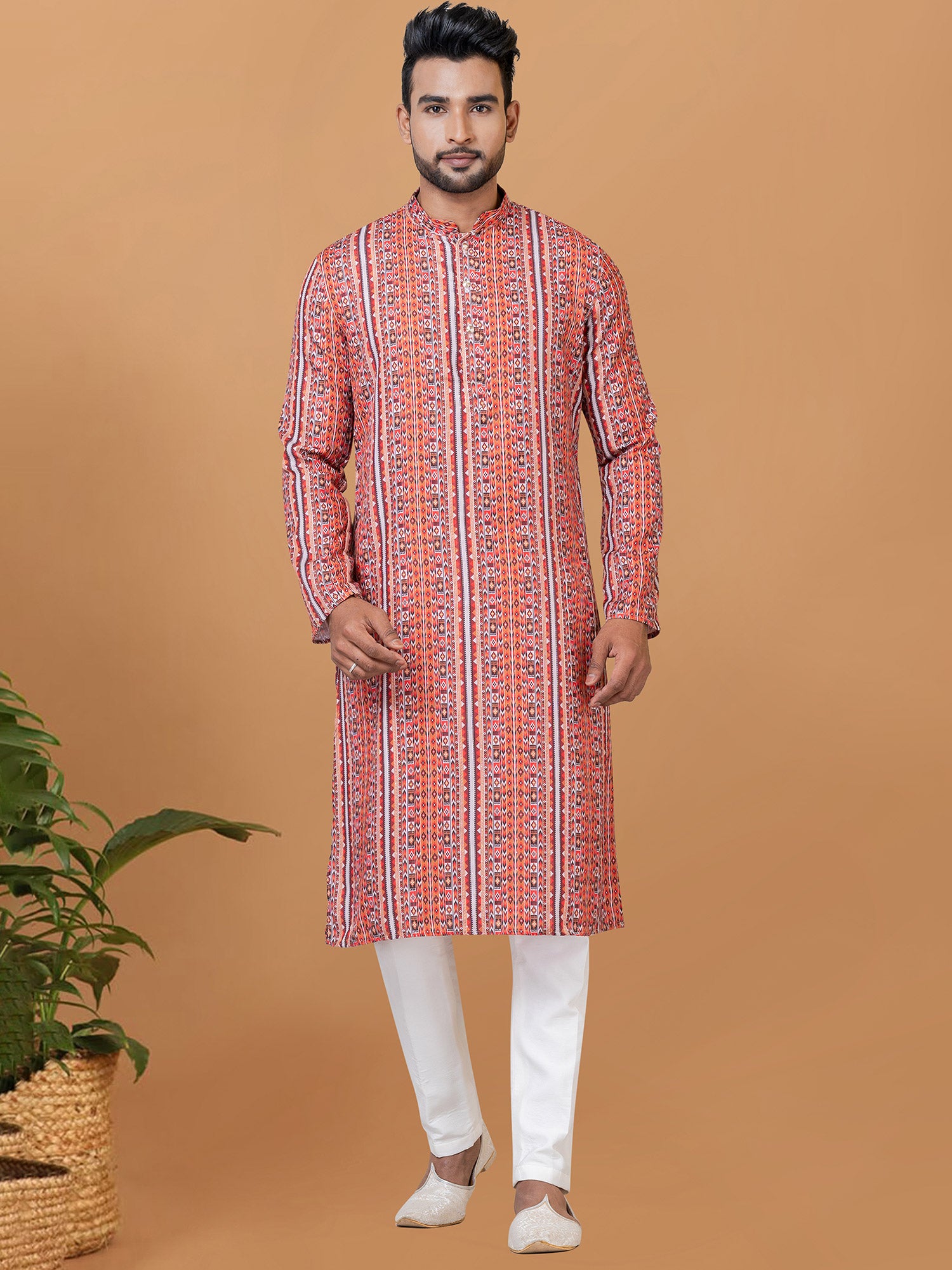 Orange Printed Party Wear Kurta Pyjama Set