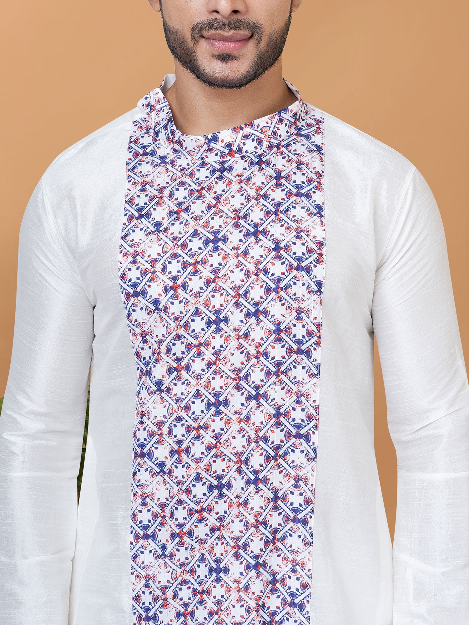White Asymmetric Kurta Pyjama With Prints
