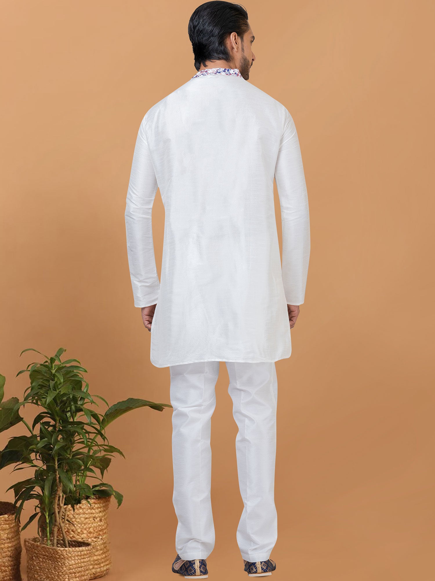 White Asymmetric Kurta Pyjama With Prints