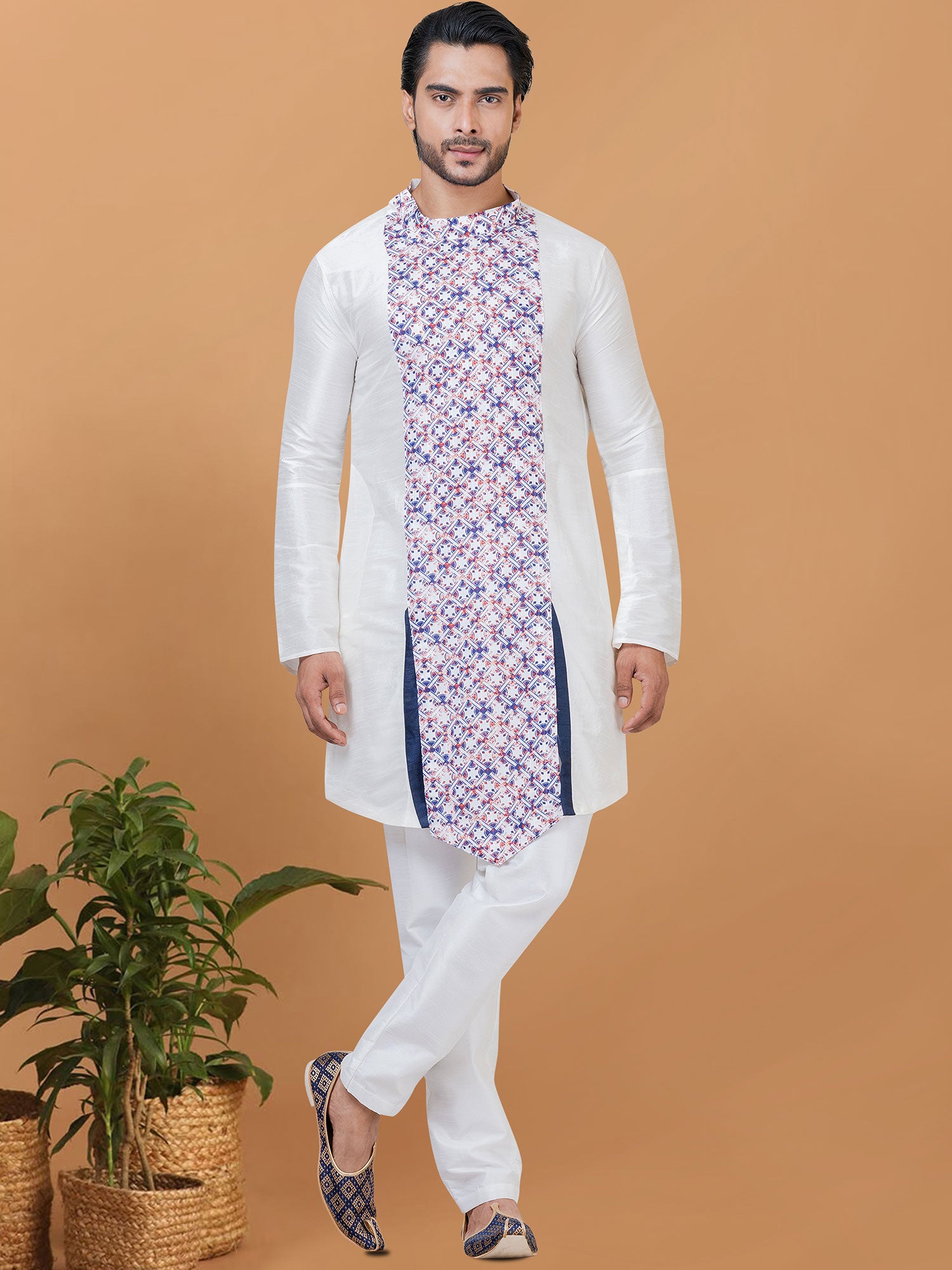 White Asymmetric Kurta Pyjama With Prints