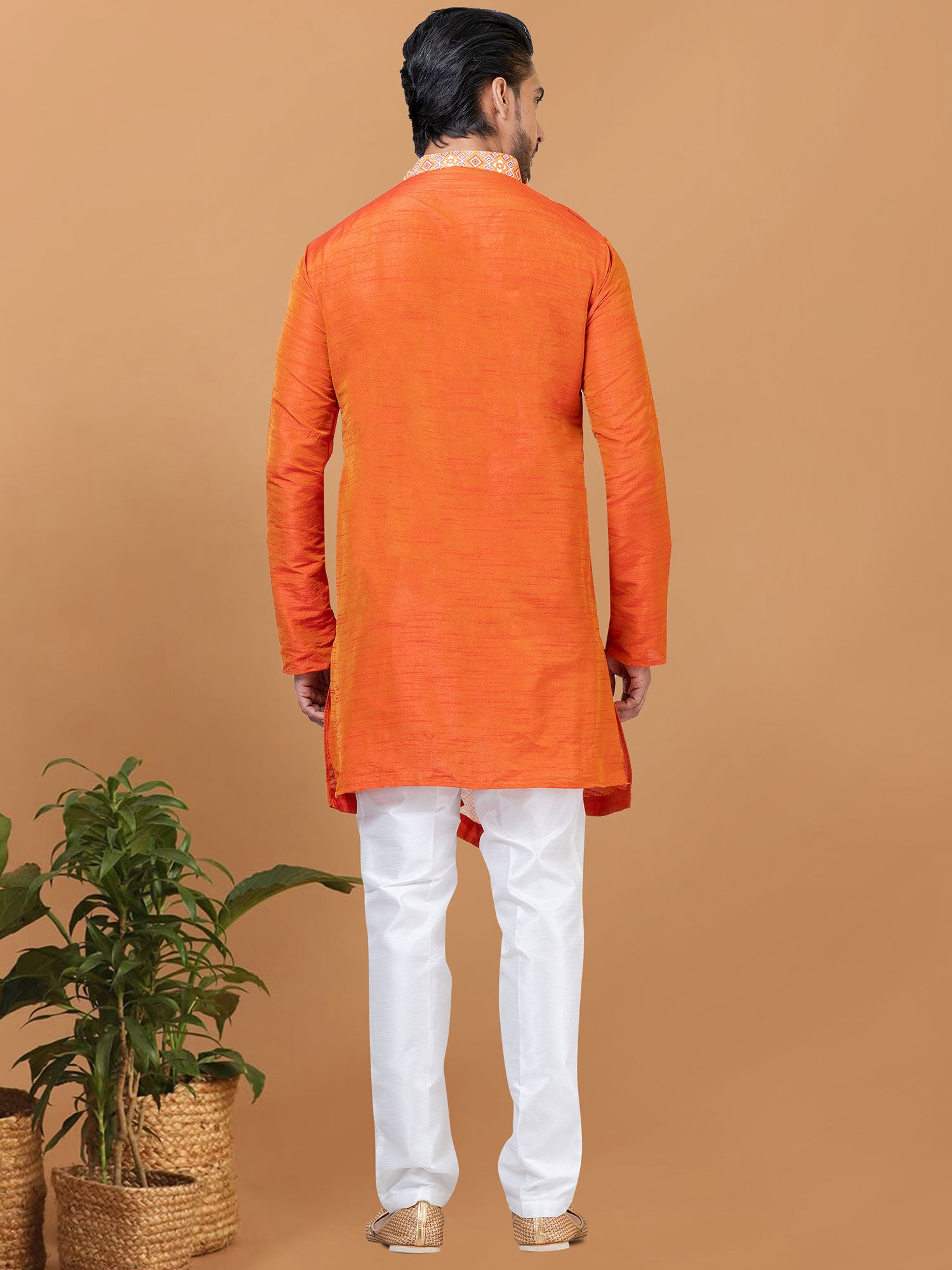 Orange Festive Kurta Pajama Set In Silk