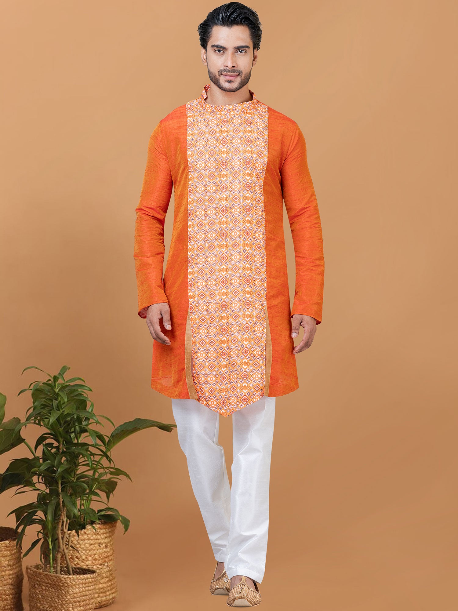 Orange Festive Kurta Pajama Set In Silk