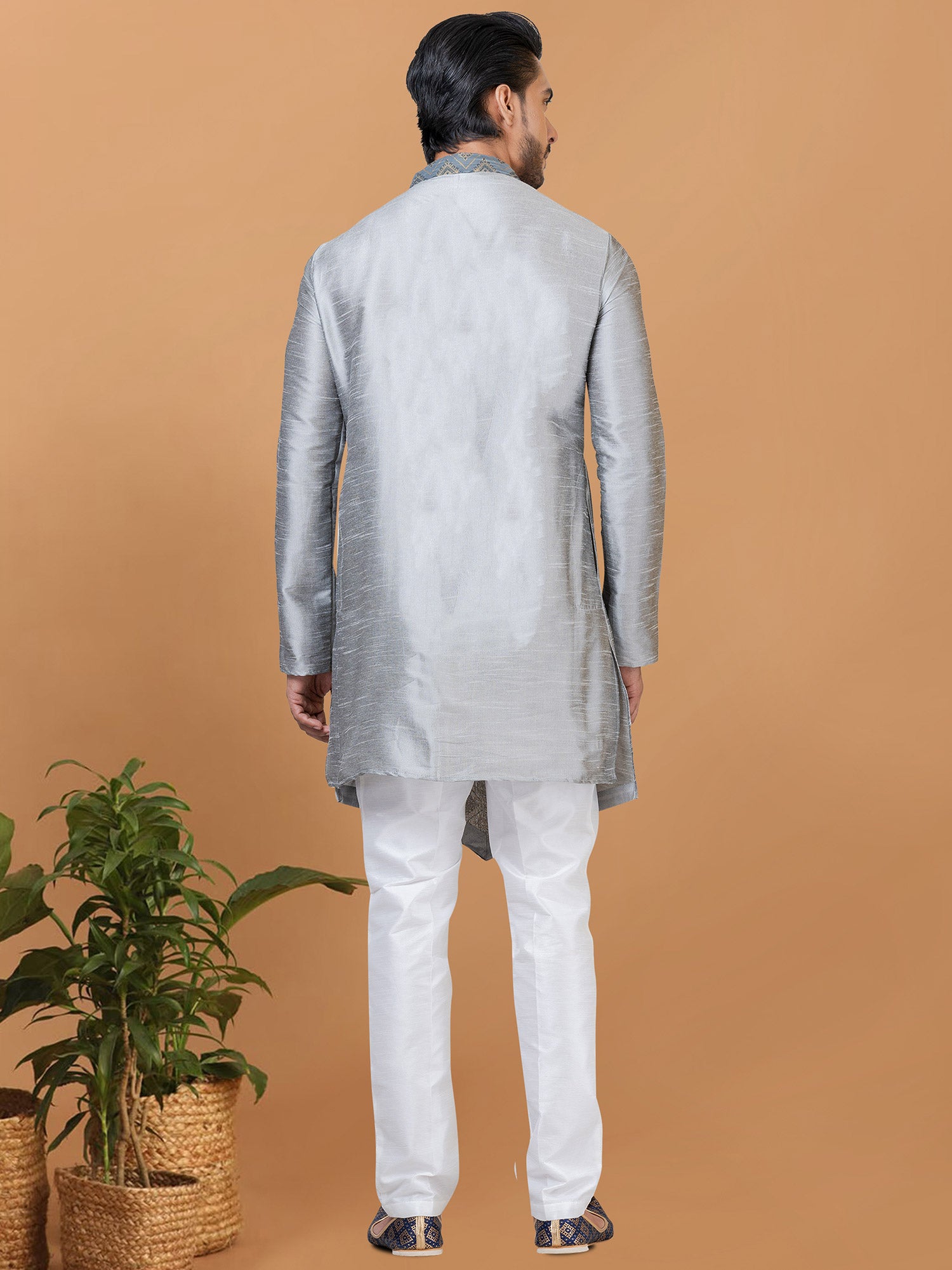 Grey Festive Kurta Pyjama In Silk