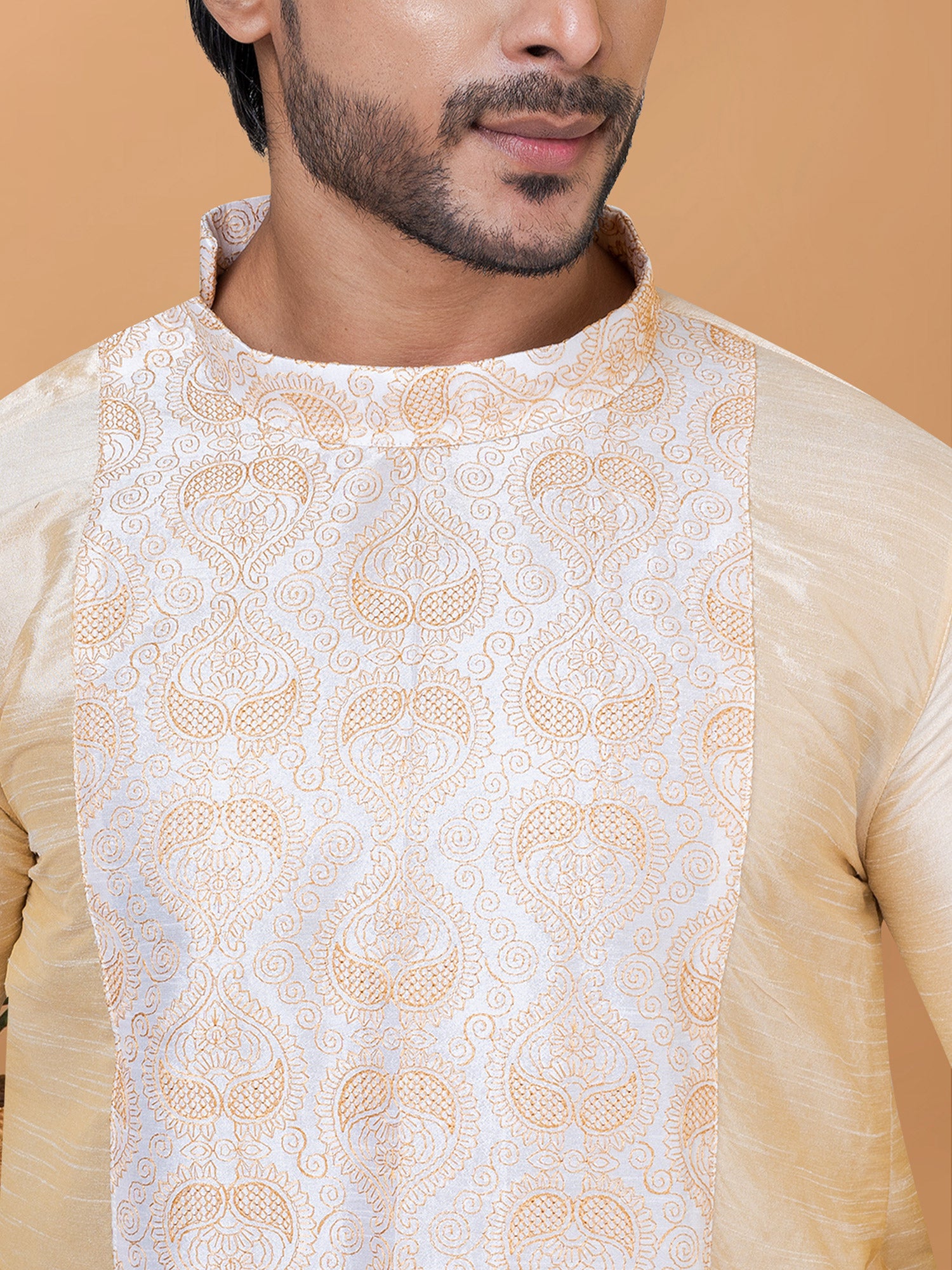 Cream Asymmetric Kurta Pyjama In Silk