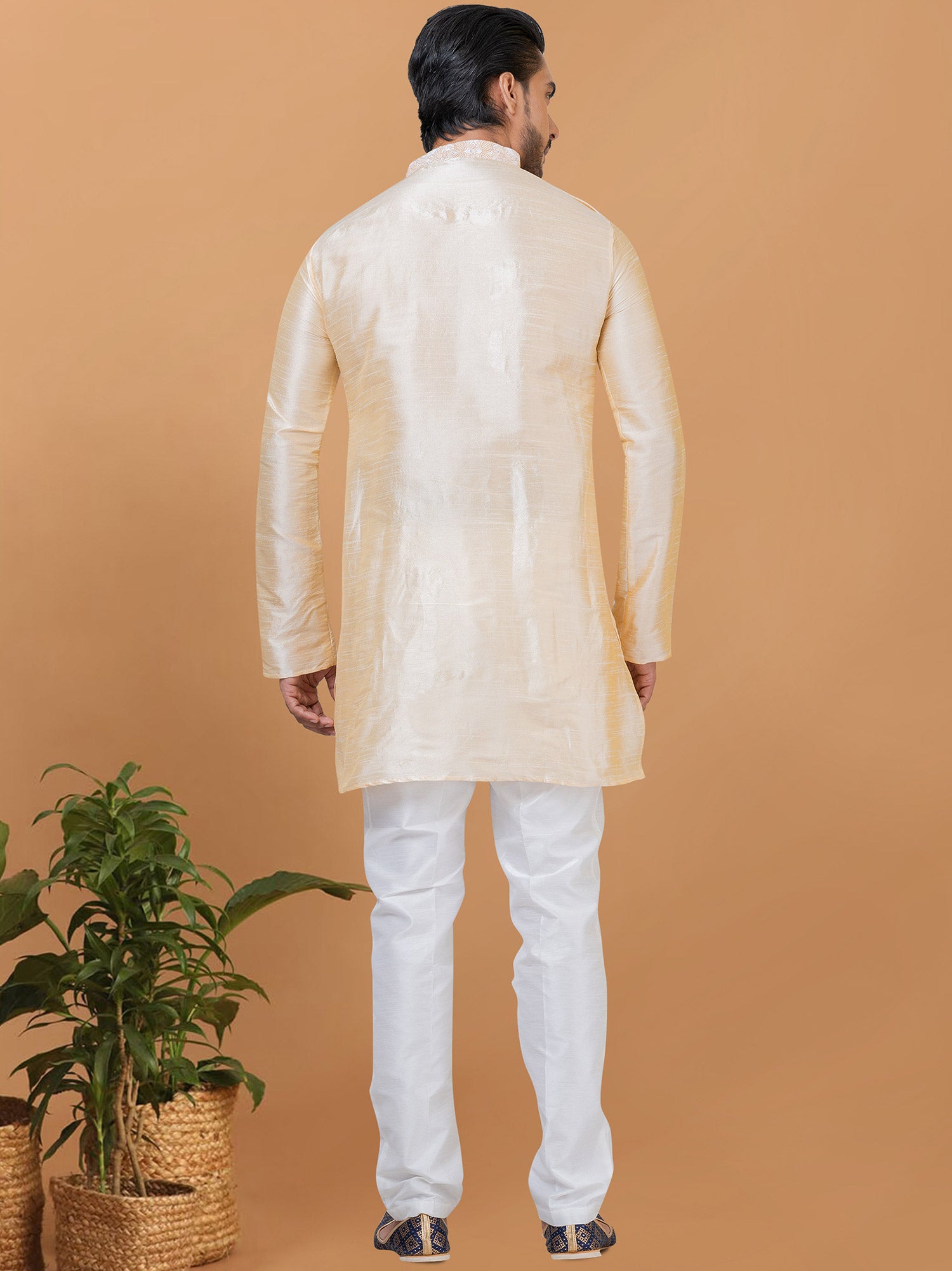 Cream Asymmetric Kurta Pyjama In Silk