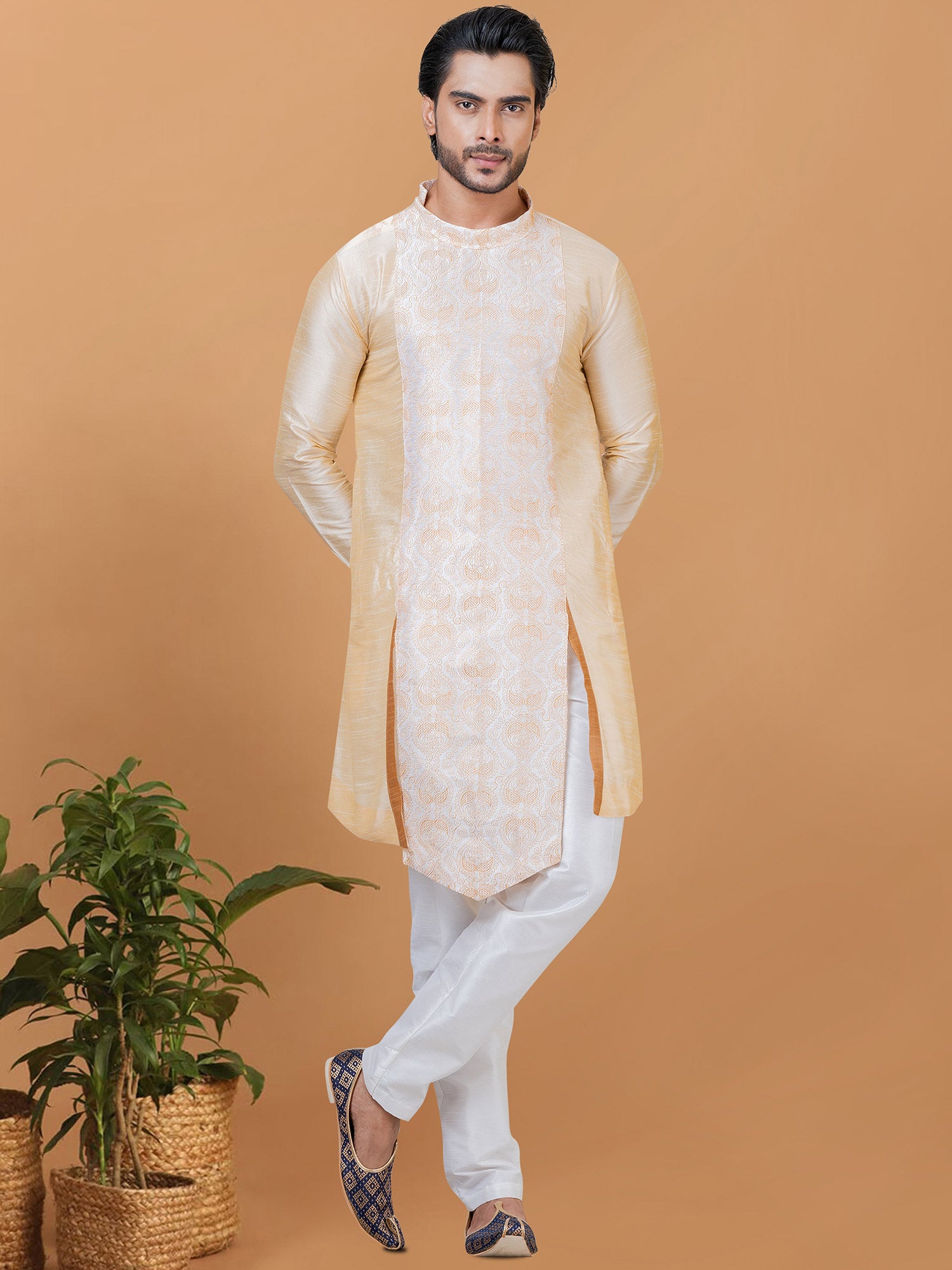 Cream Asymmetric Kurta Pyjama In Silk