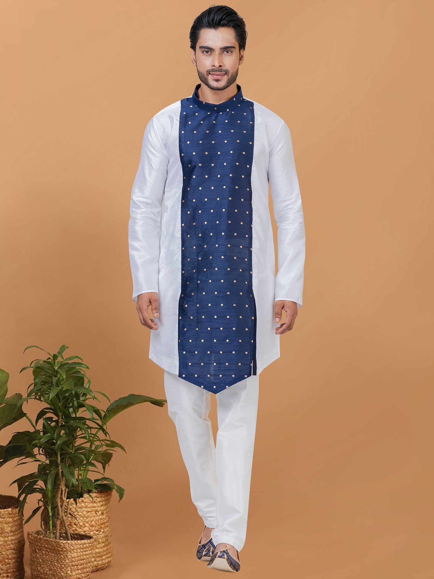 White Dupion Silk Kurta Pyjama For Men