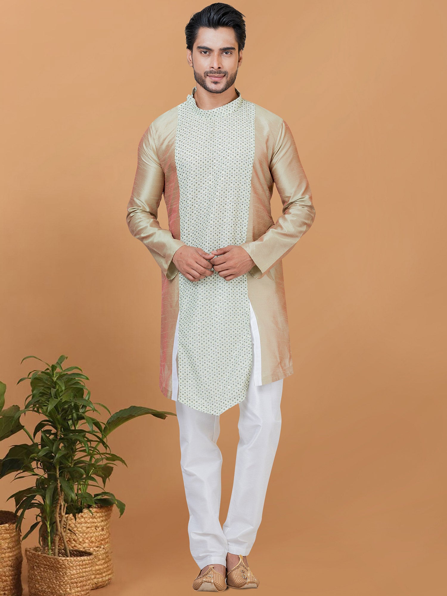 Silver Festive Kurta Pyjama In Silk
