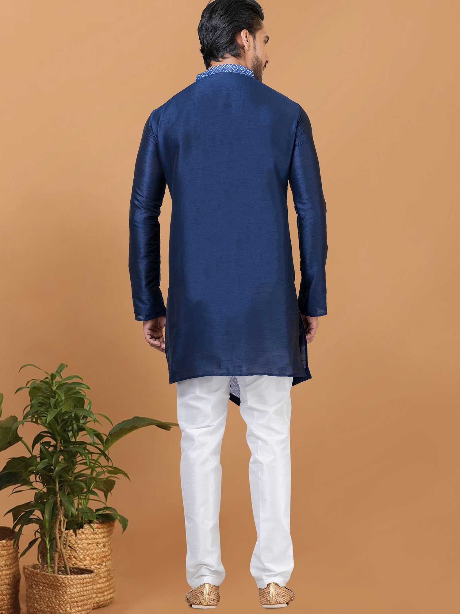 Blue Festive Asymmetric Kurta Pyjama In Silk