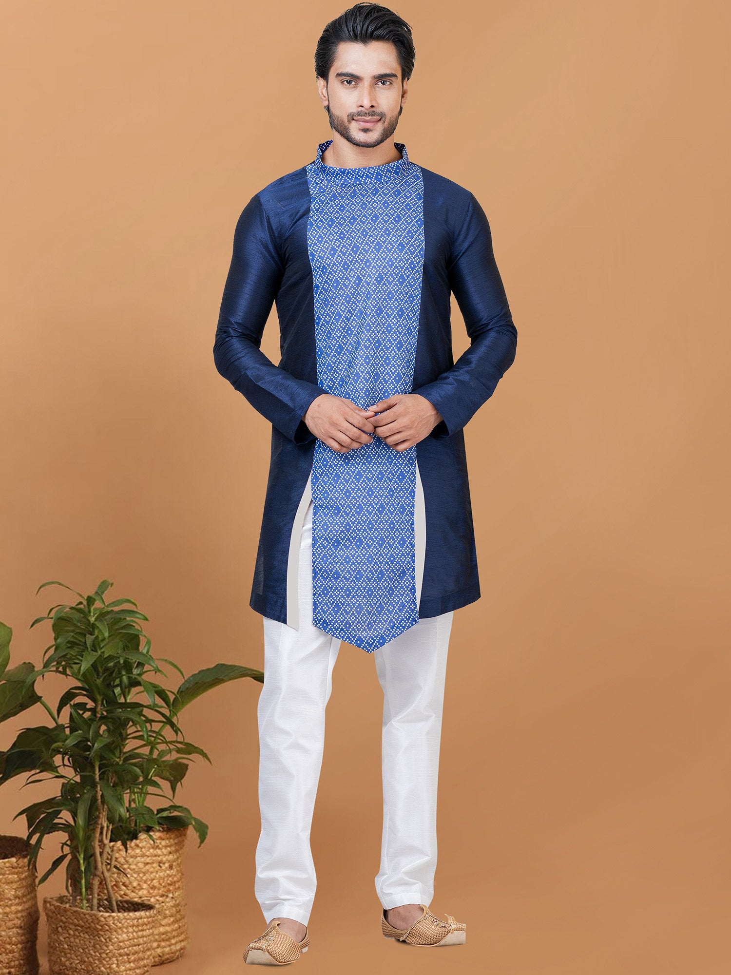 Blue Festive Asymmetric Kurta Pyjama In Silk