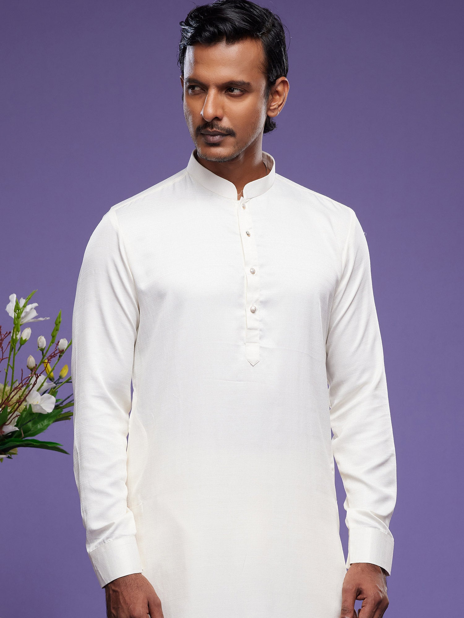 White Readymade Festive Kurta Pyjama In Silk