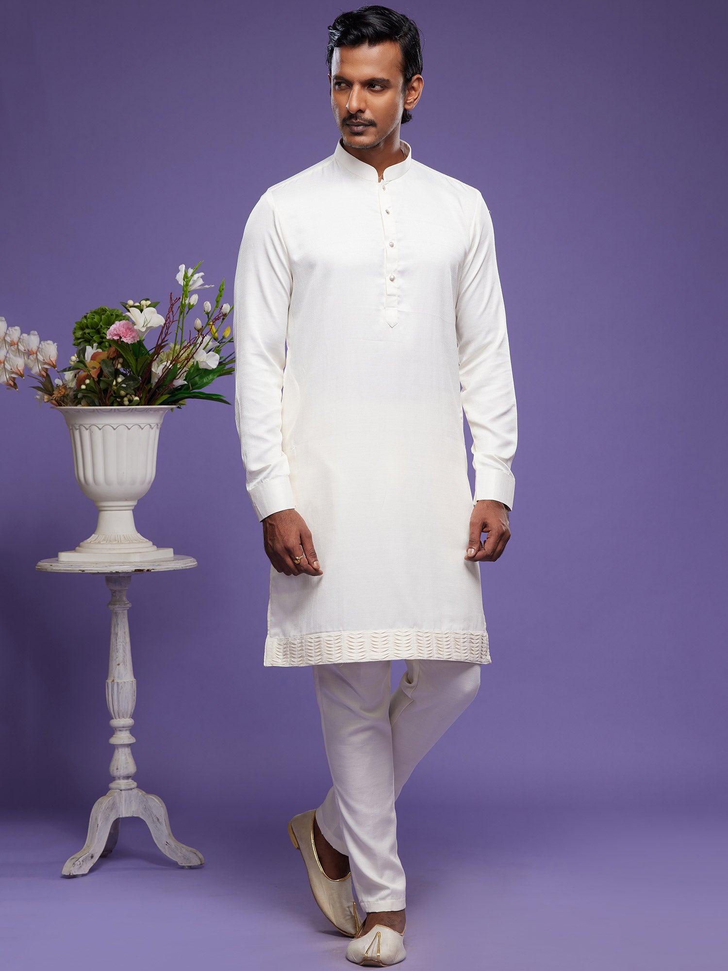 White Readymade Festive Kurta Pyjama In Silk