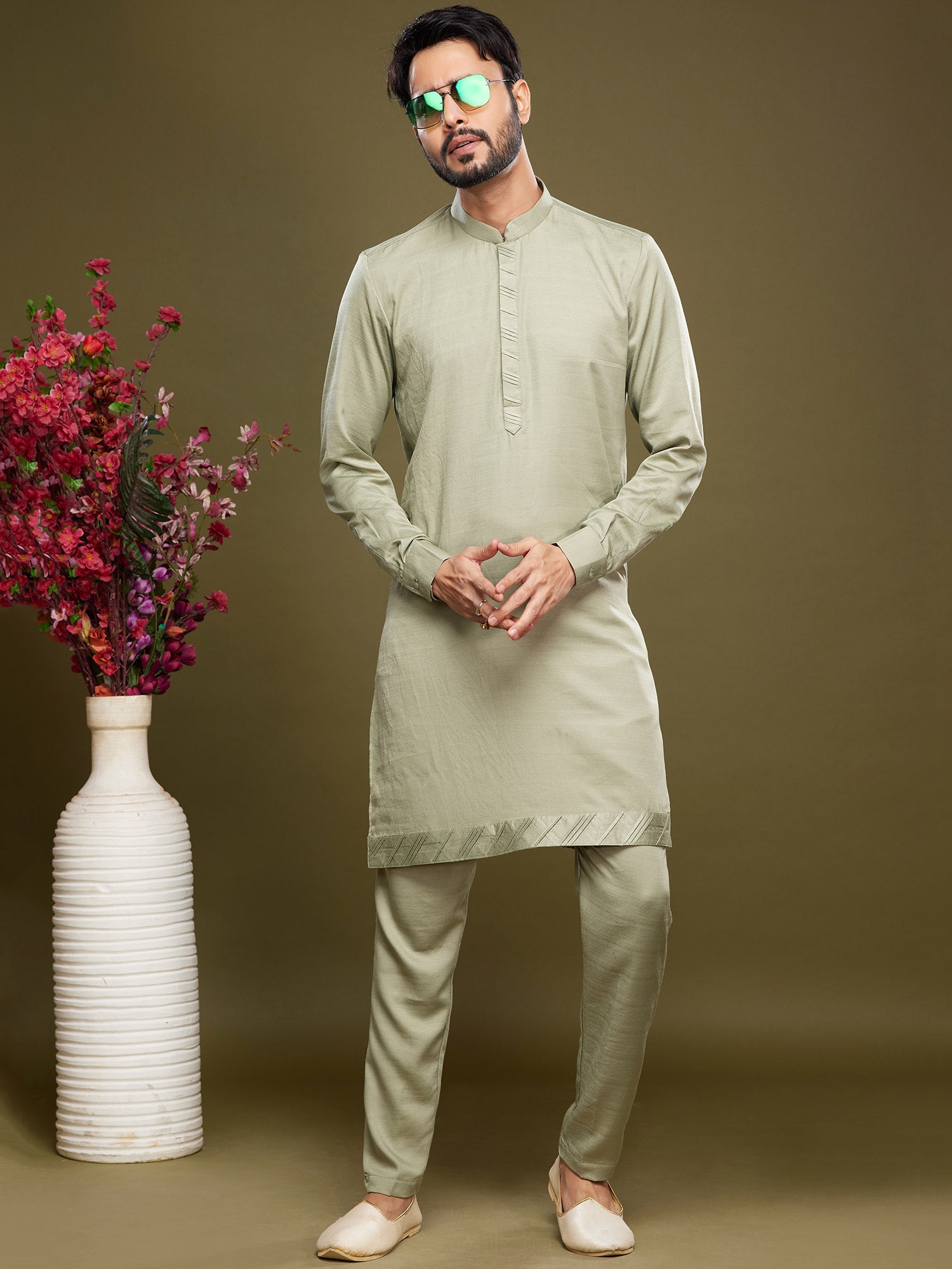 Green Art Silk Festive Kurta Pyjama Set