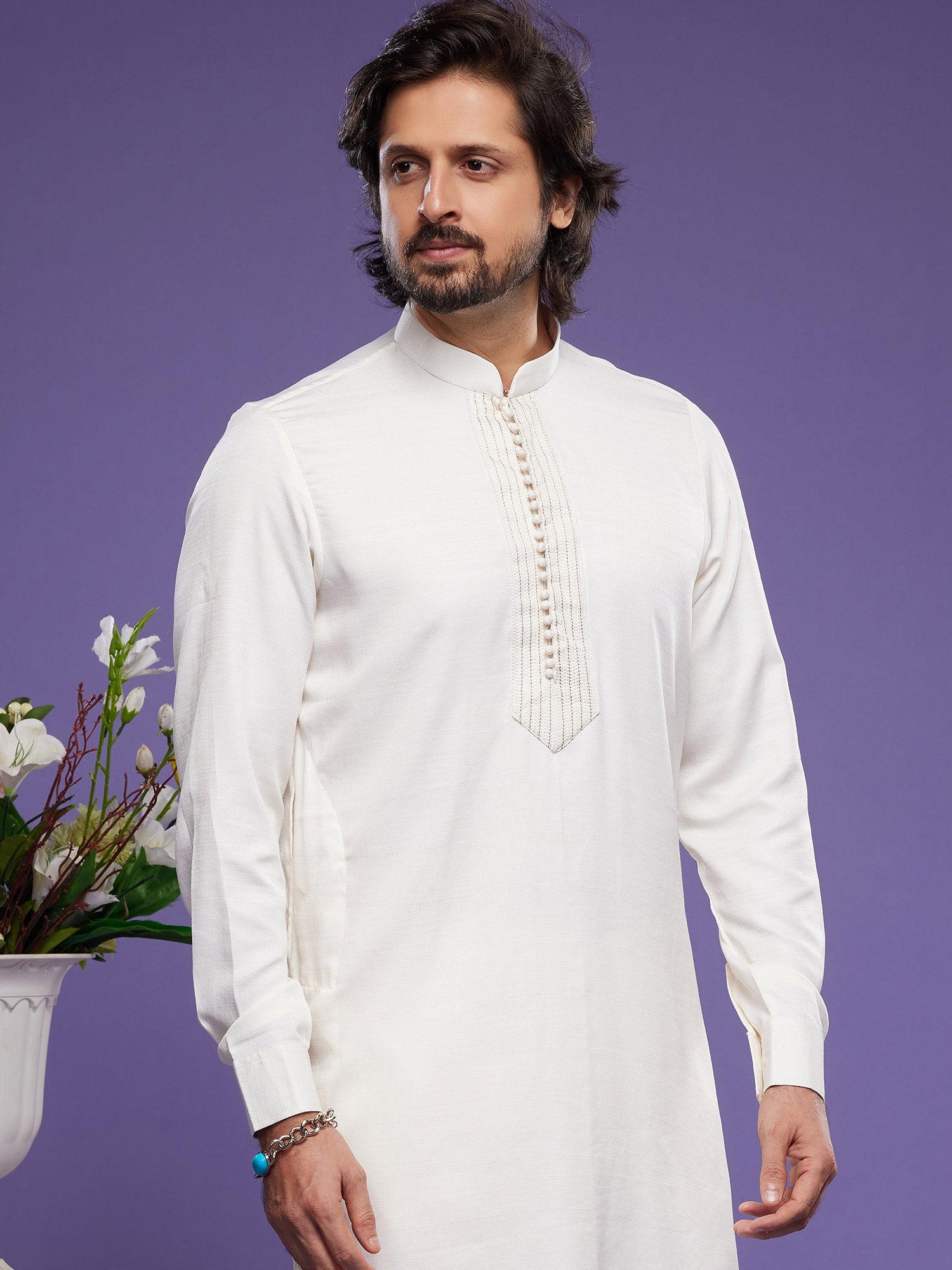 White Art Silk Kurta Pyjama With Full Sleeves