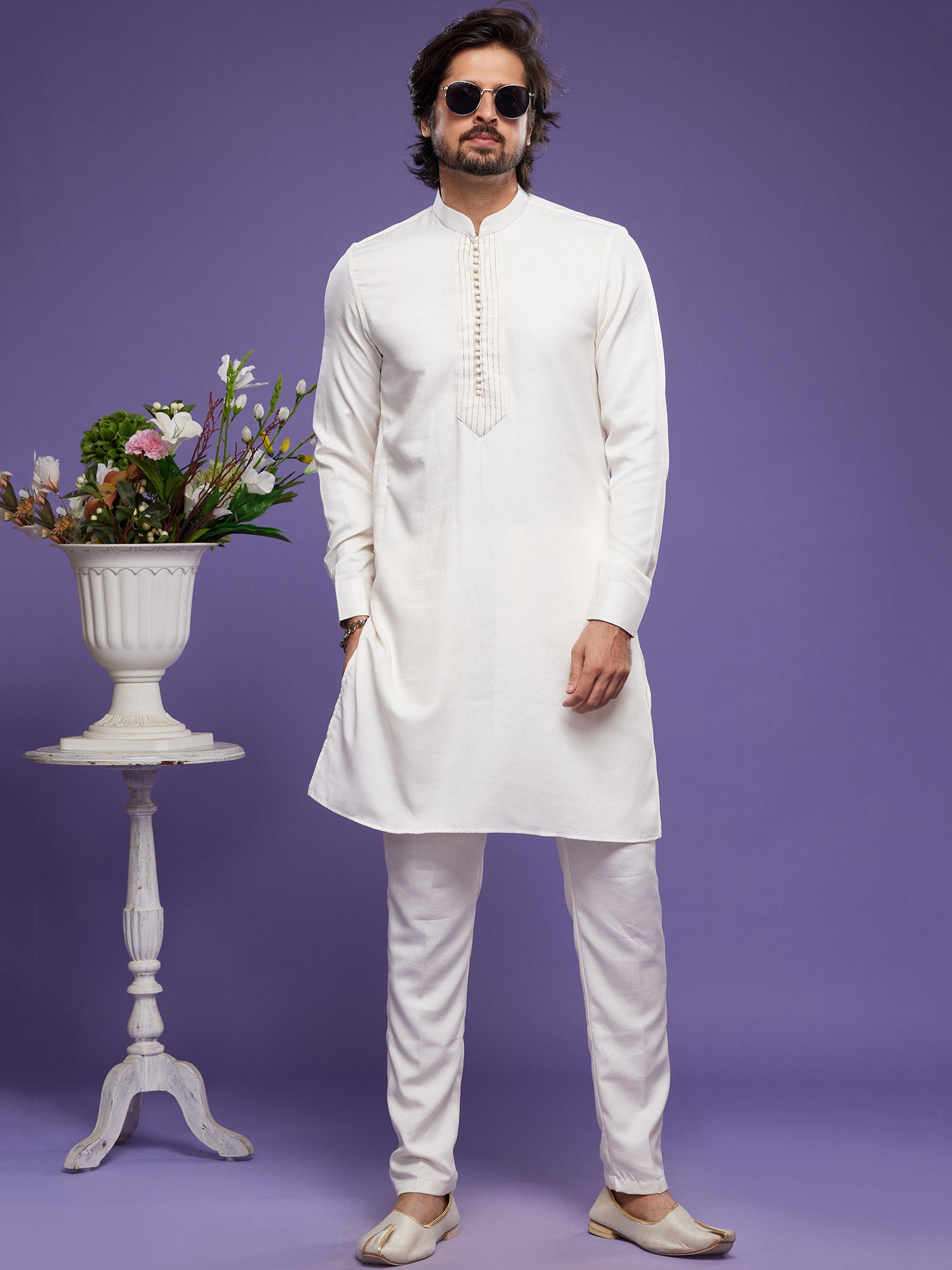 White Art Silk Kurta Pyjama With Full Sleeves