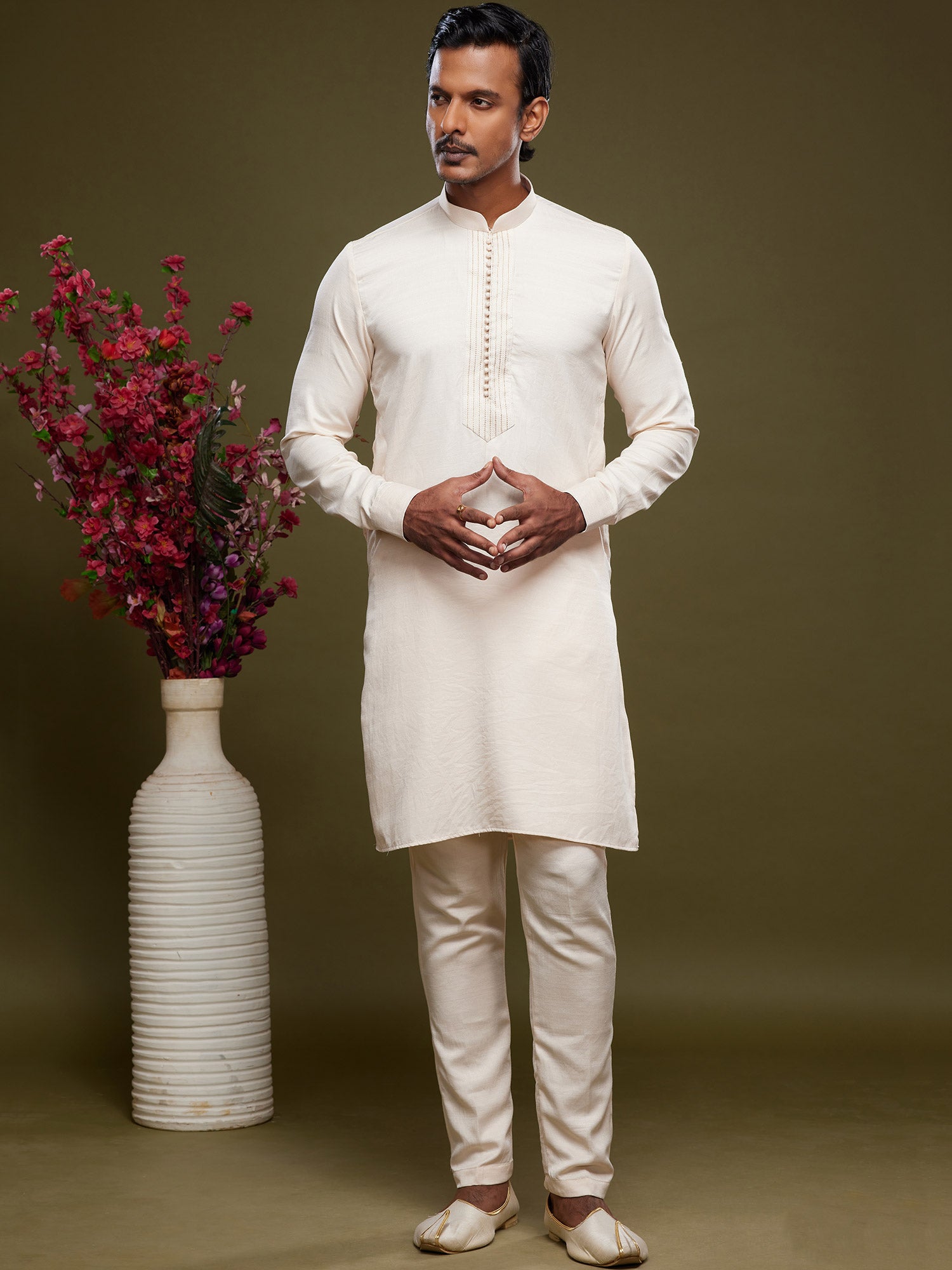 Off White Party Wear Kurta Pyjama For Men