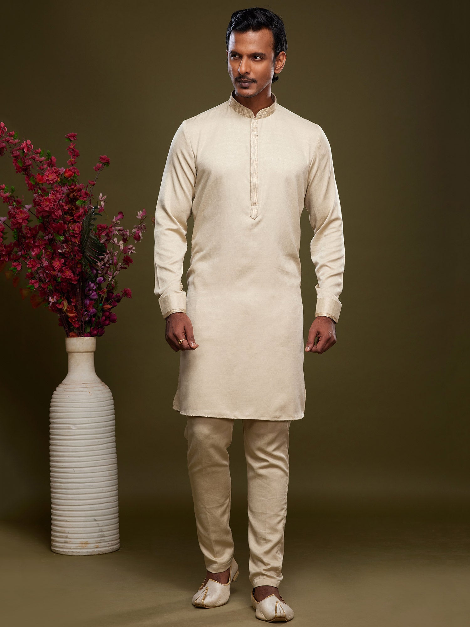 Cream Party Wear Kurta Pajama In Art Silk