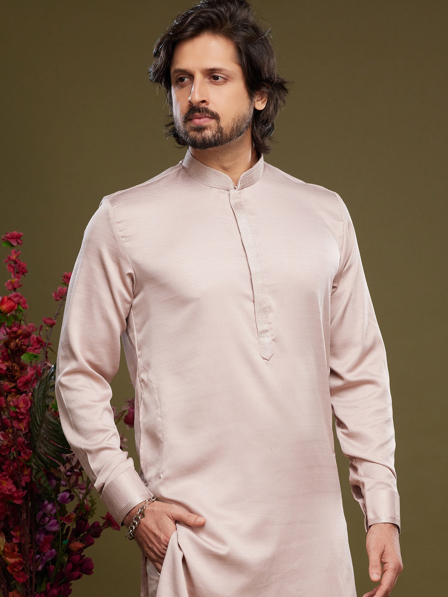 Beige Festive Wear Kurta Pyjama In Silk