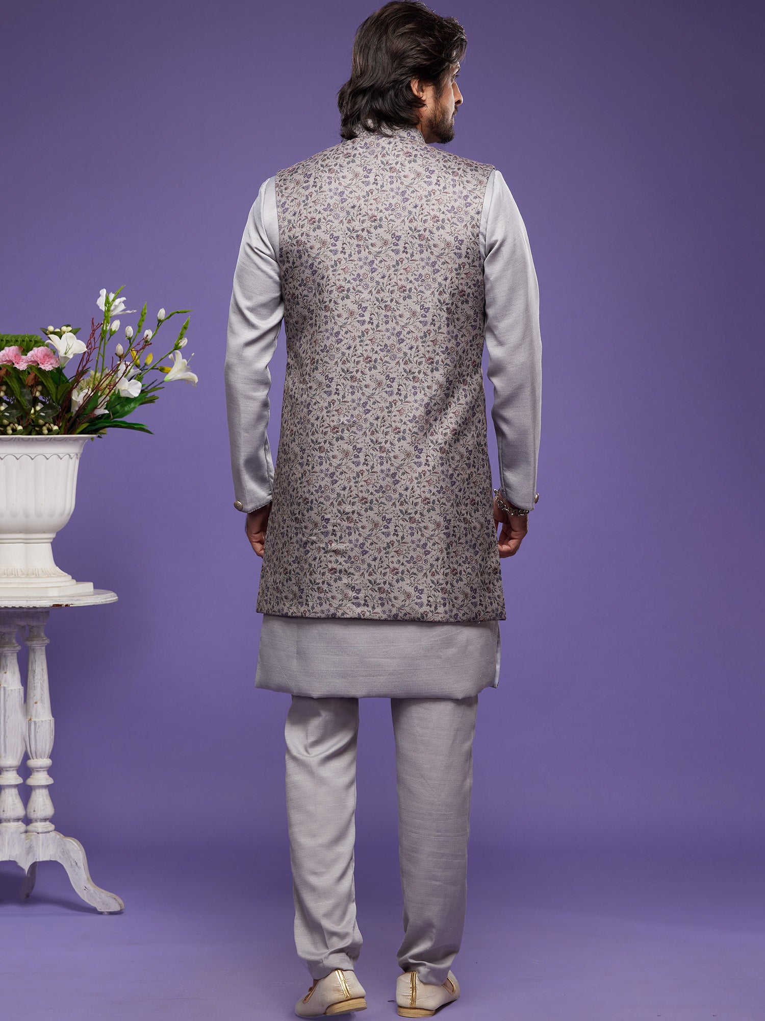Grey Art Silk Indo Western With Printed Jacket