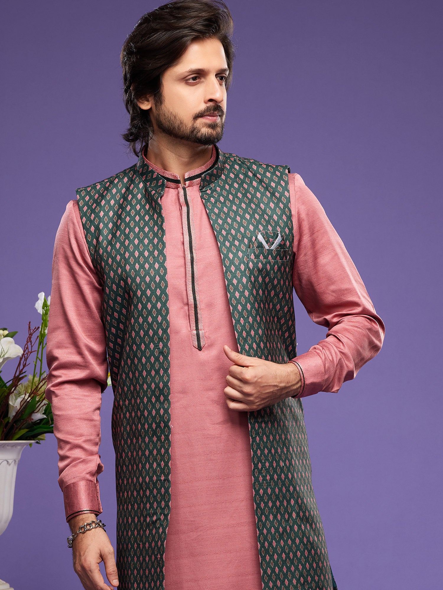 Pink Readymade Kurta Pajama With Printed Jacket