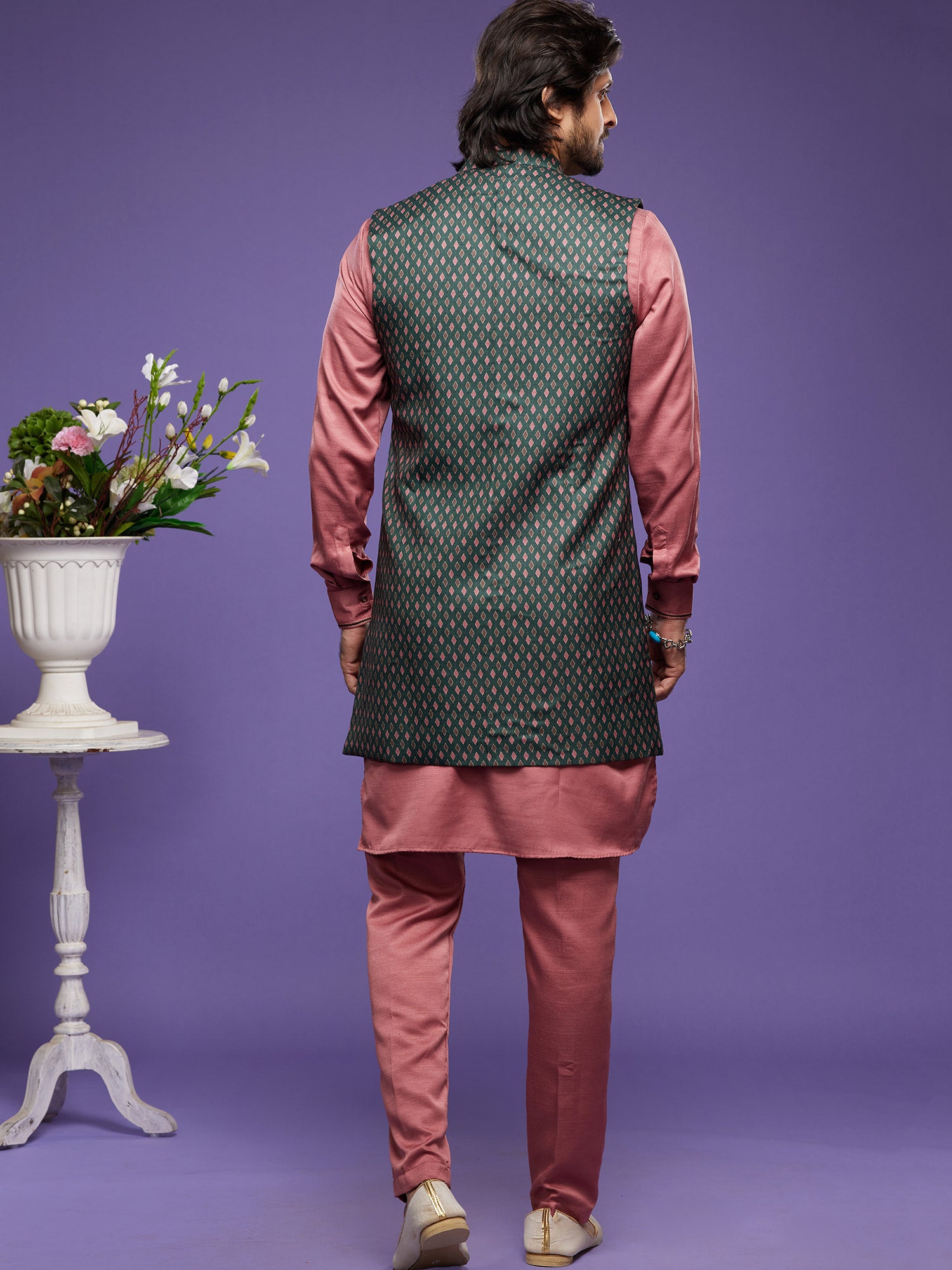 Pink Readymade Kurta Pajama With Printed Jacket