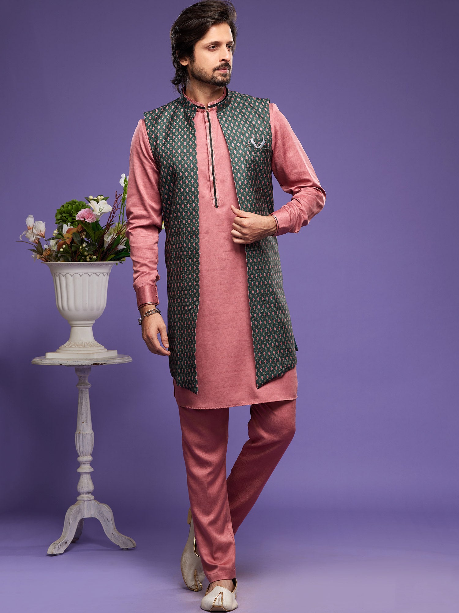 Pink Readymade Kurta Pajama With Printed Jacket
