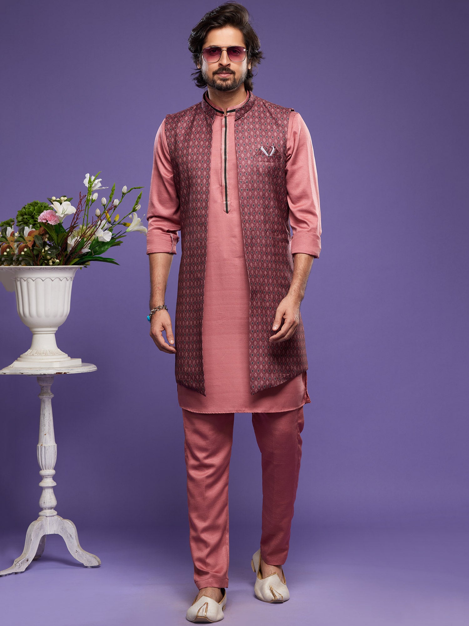 Pink Art Silk Festive Kurta Pajama With Jacket