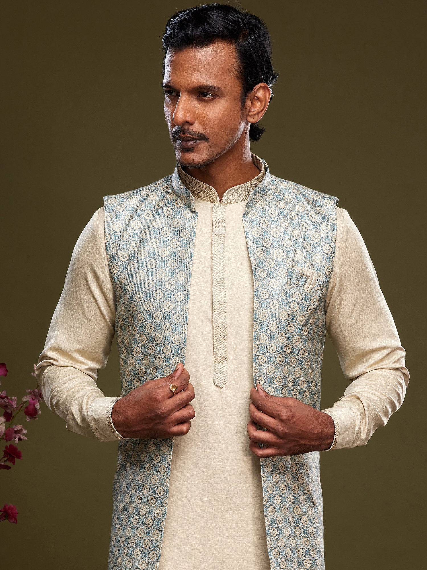 Off White Art Silk Kurta Pajama With Jacket