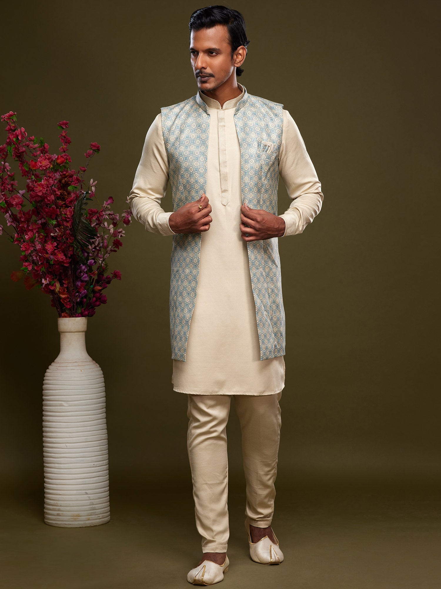 Off White Art Silk Kurta Pajama With Jacket