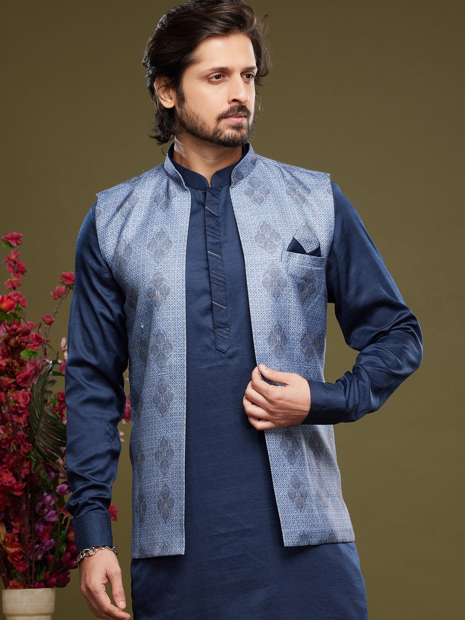 Blue Party Kurta Pyjama With Printed Jacket