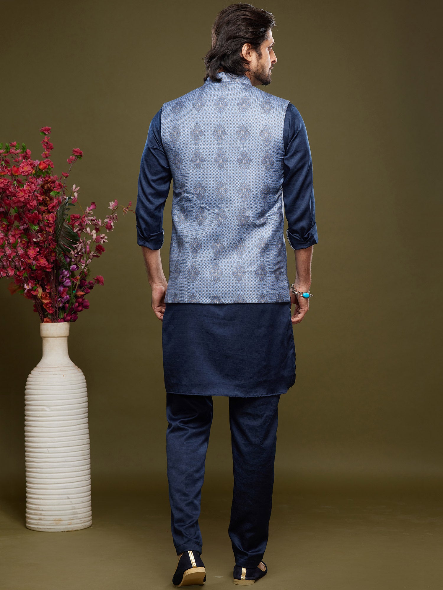 Blue Party Kurta Pyjama With Printed Jacket
