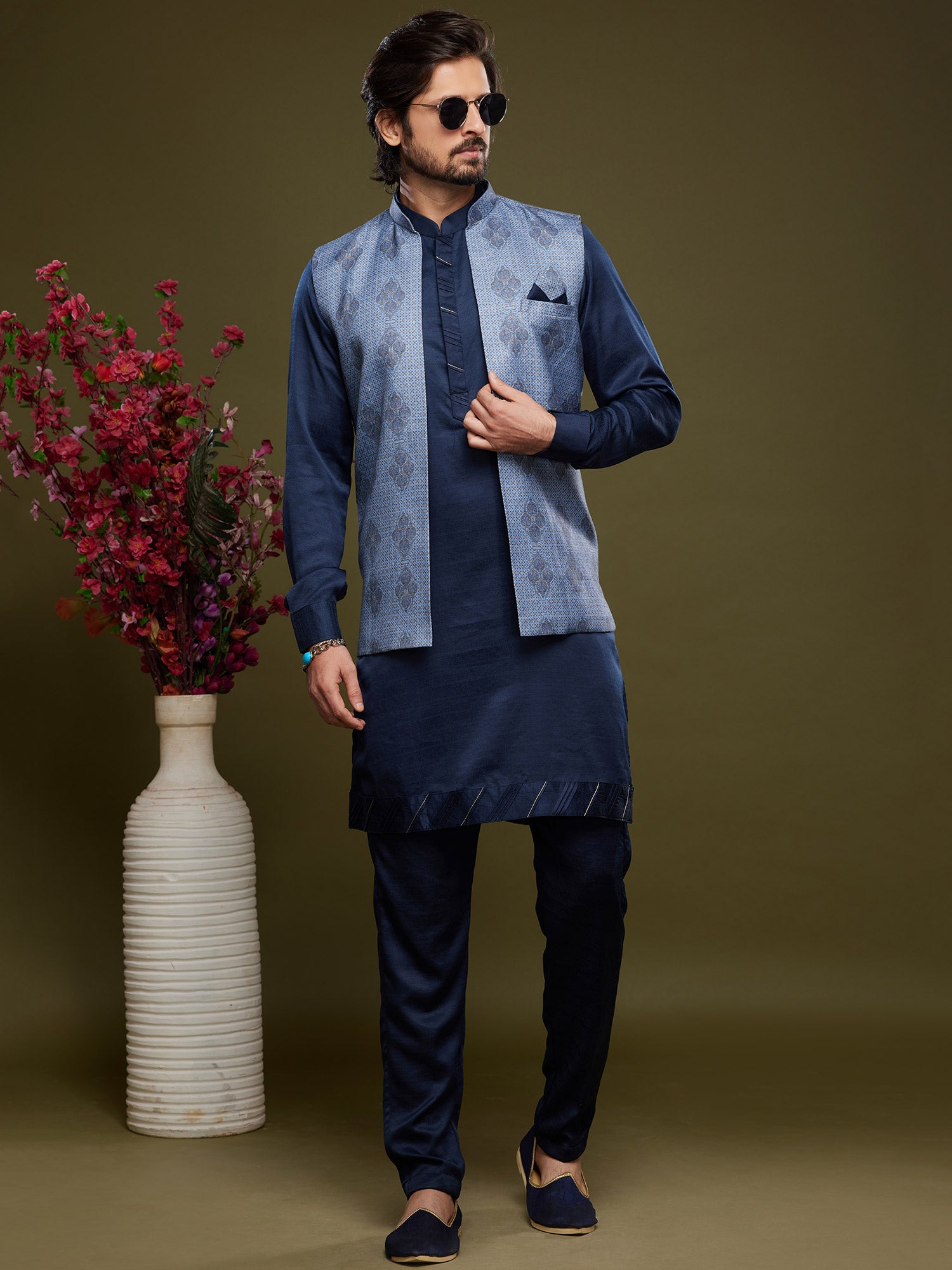 Blue Party Kurta Pyjama With Printed Jacket