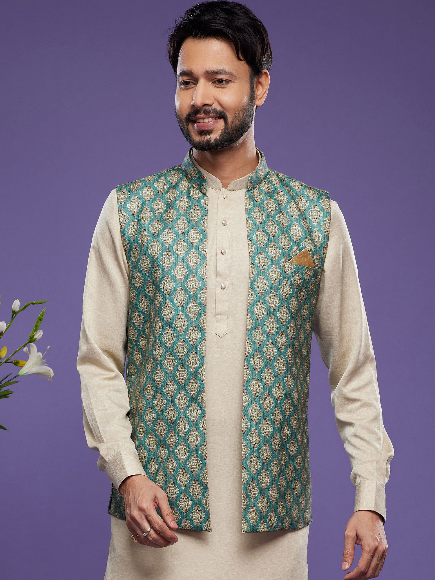 Beige Party Wear Kurta Pyjama And Jacket Set