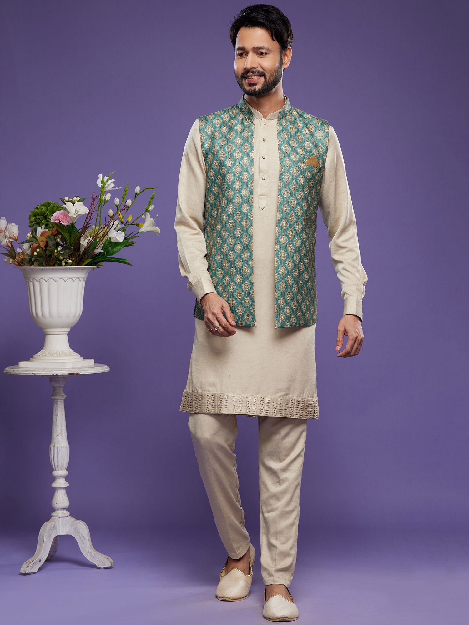 Beige Party Wear Kurta Pyjama And Jacket Set