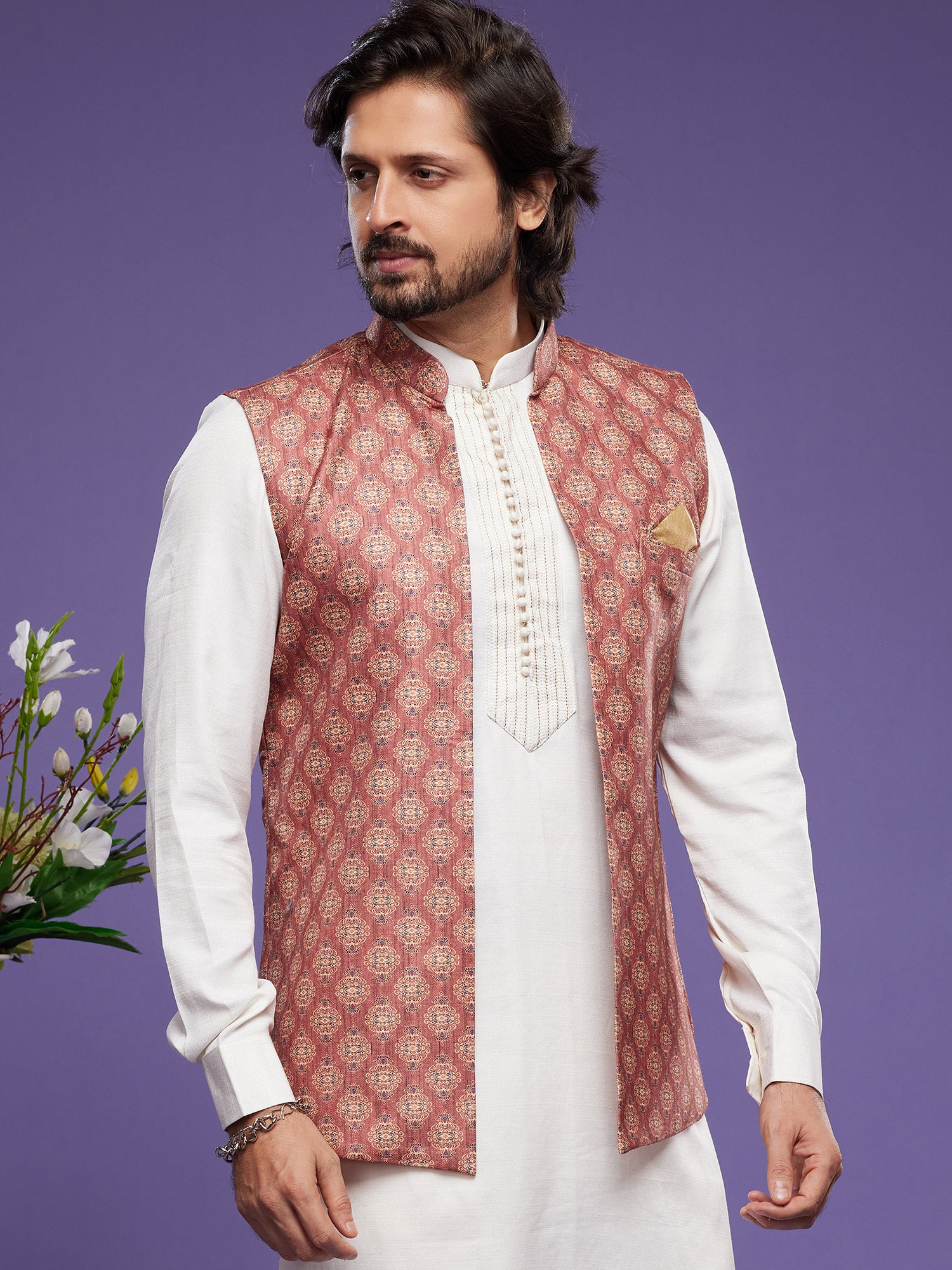 White Art Silk Kurta Pyjama With Jacket
