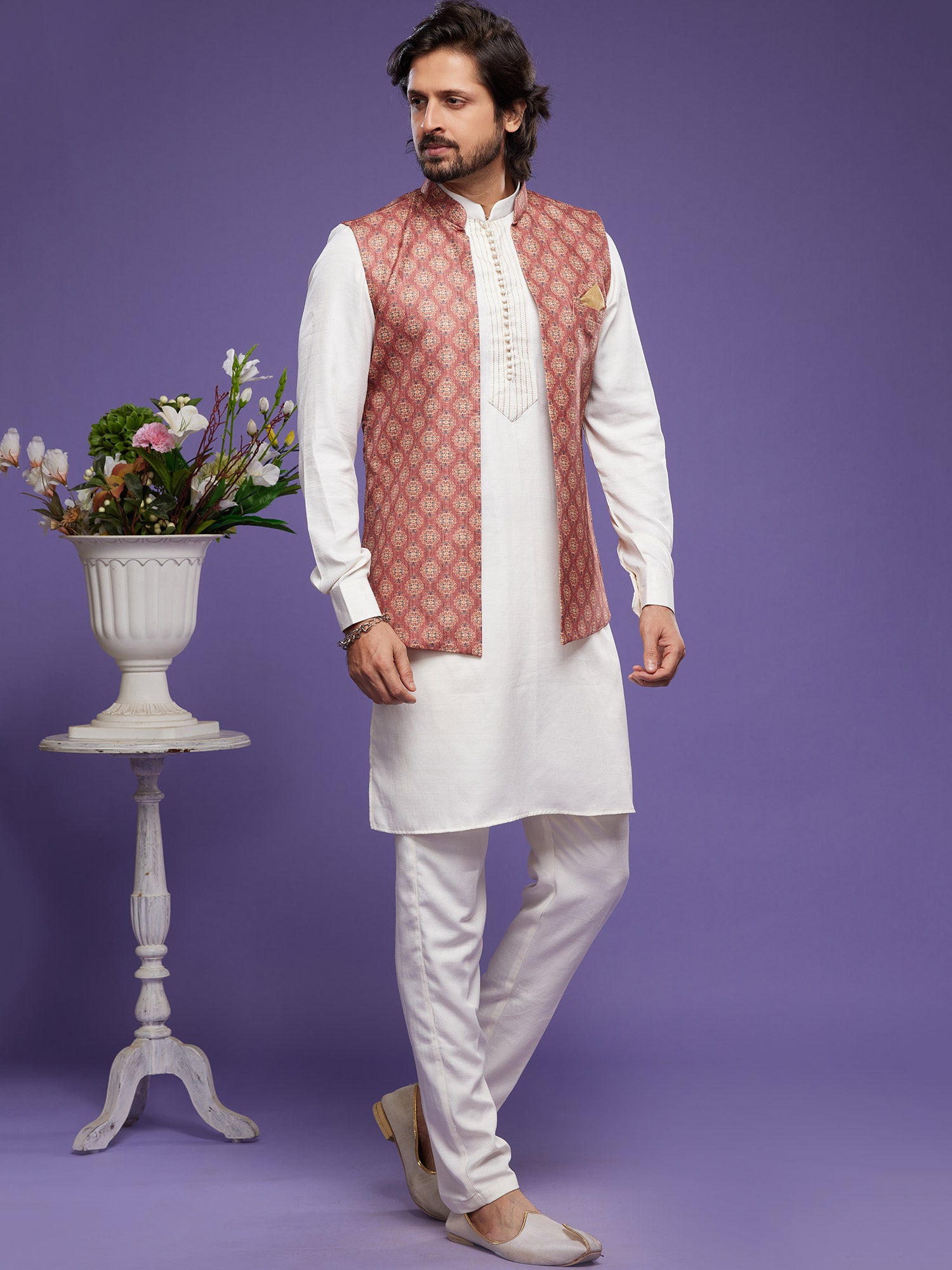 White Art Silk Kurta Pyjama With Jacket