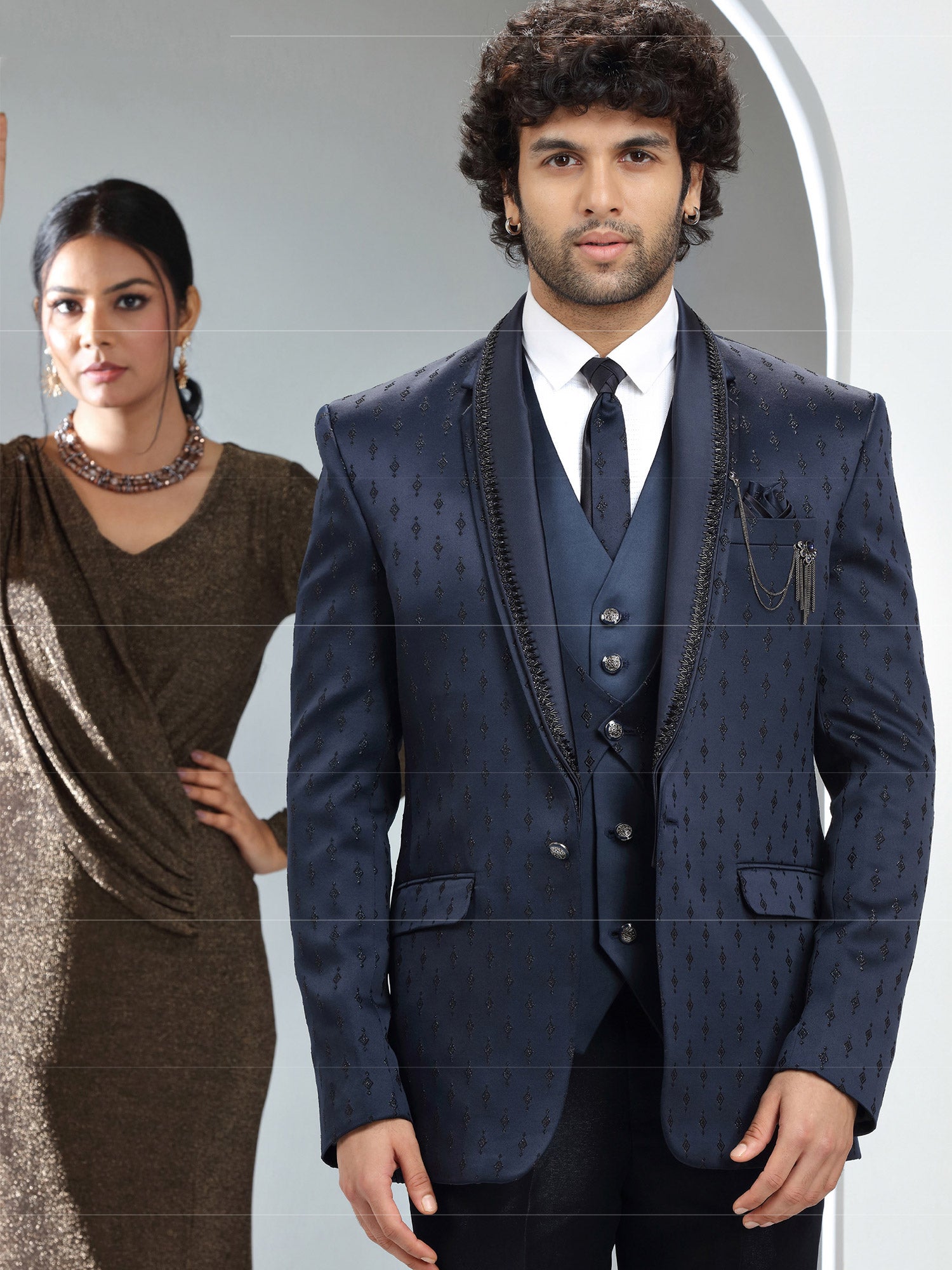 Denim Blue Cutdana Embellished Mens Suit