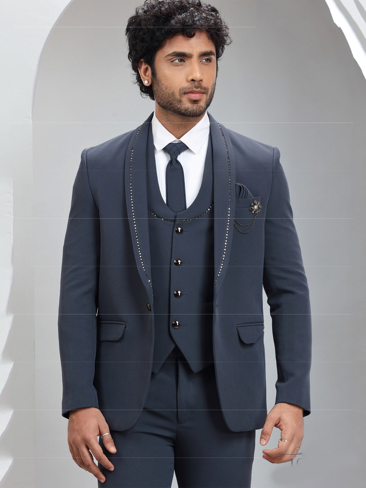 Blue Italian Mens Suit With Stone Embellished