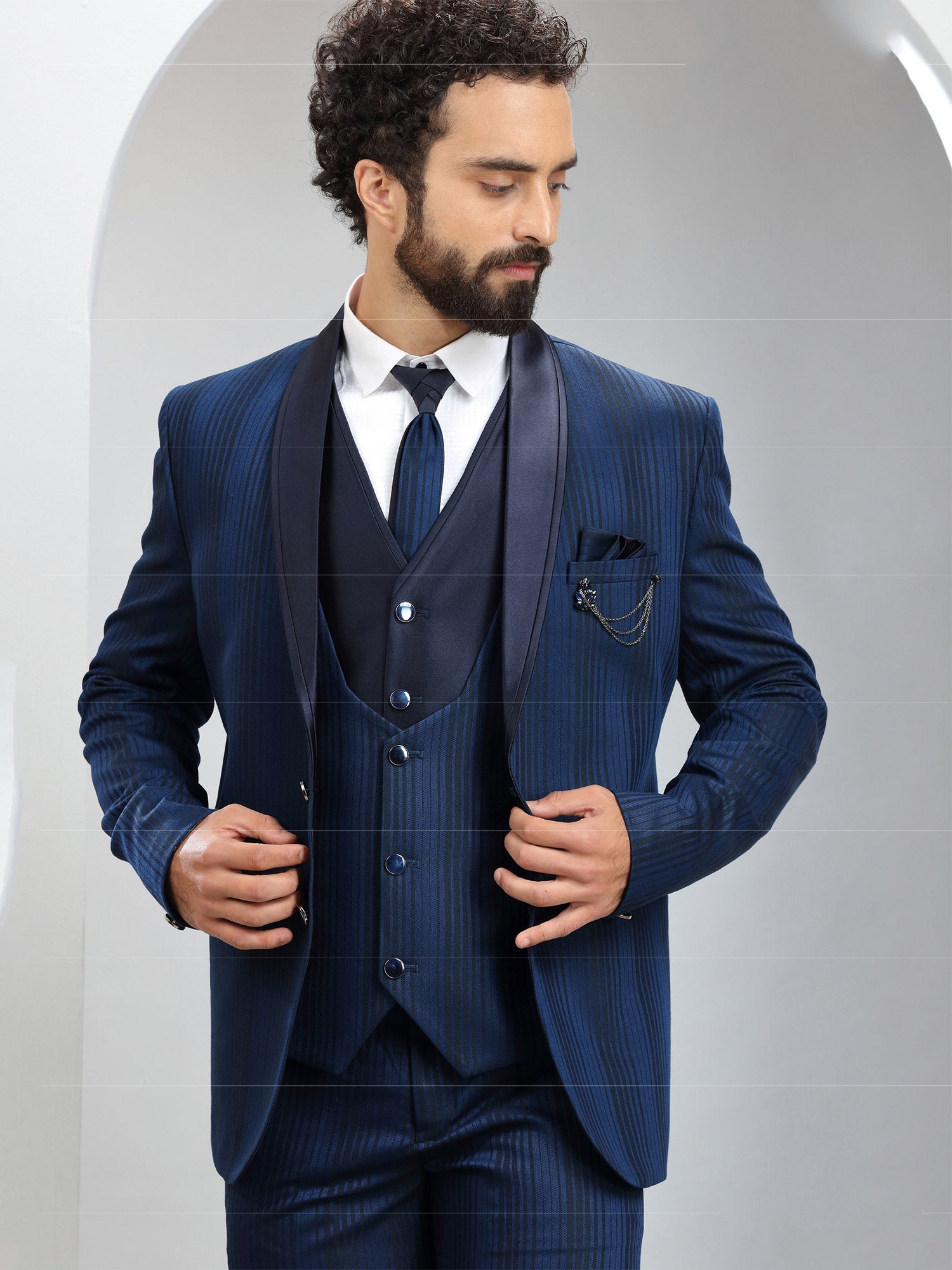 Navy Blue Woven Textured Mens Suit