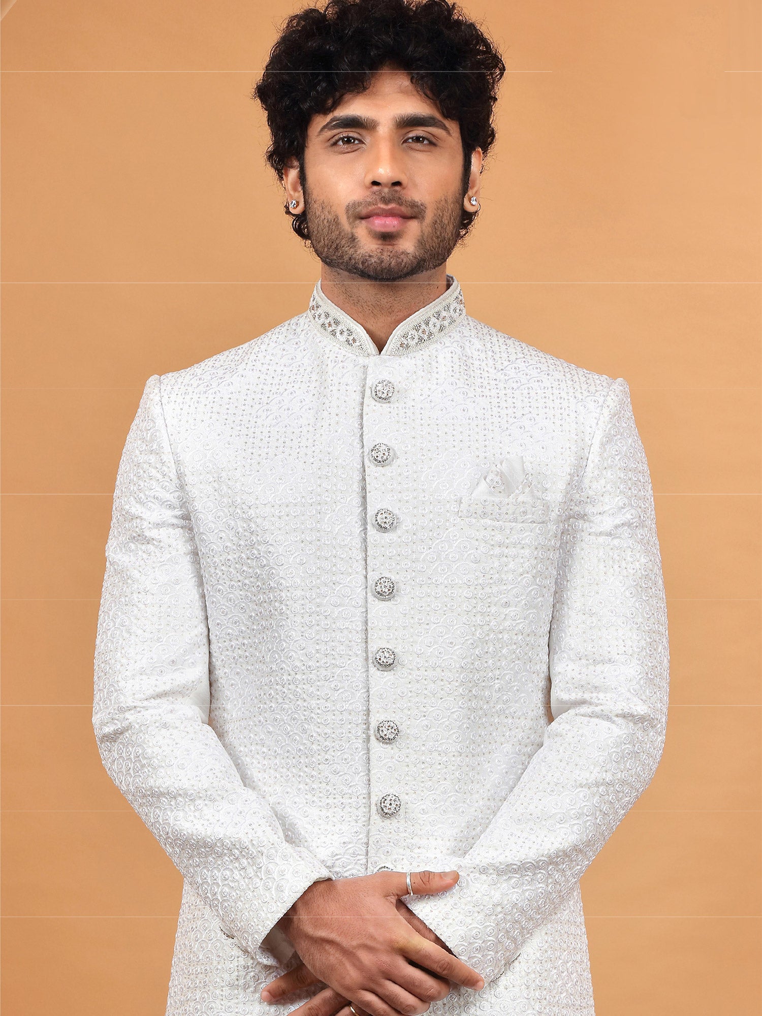 White Embroidered Mens Sherwani Set