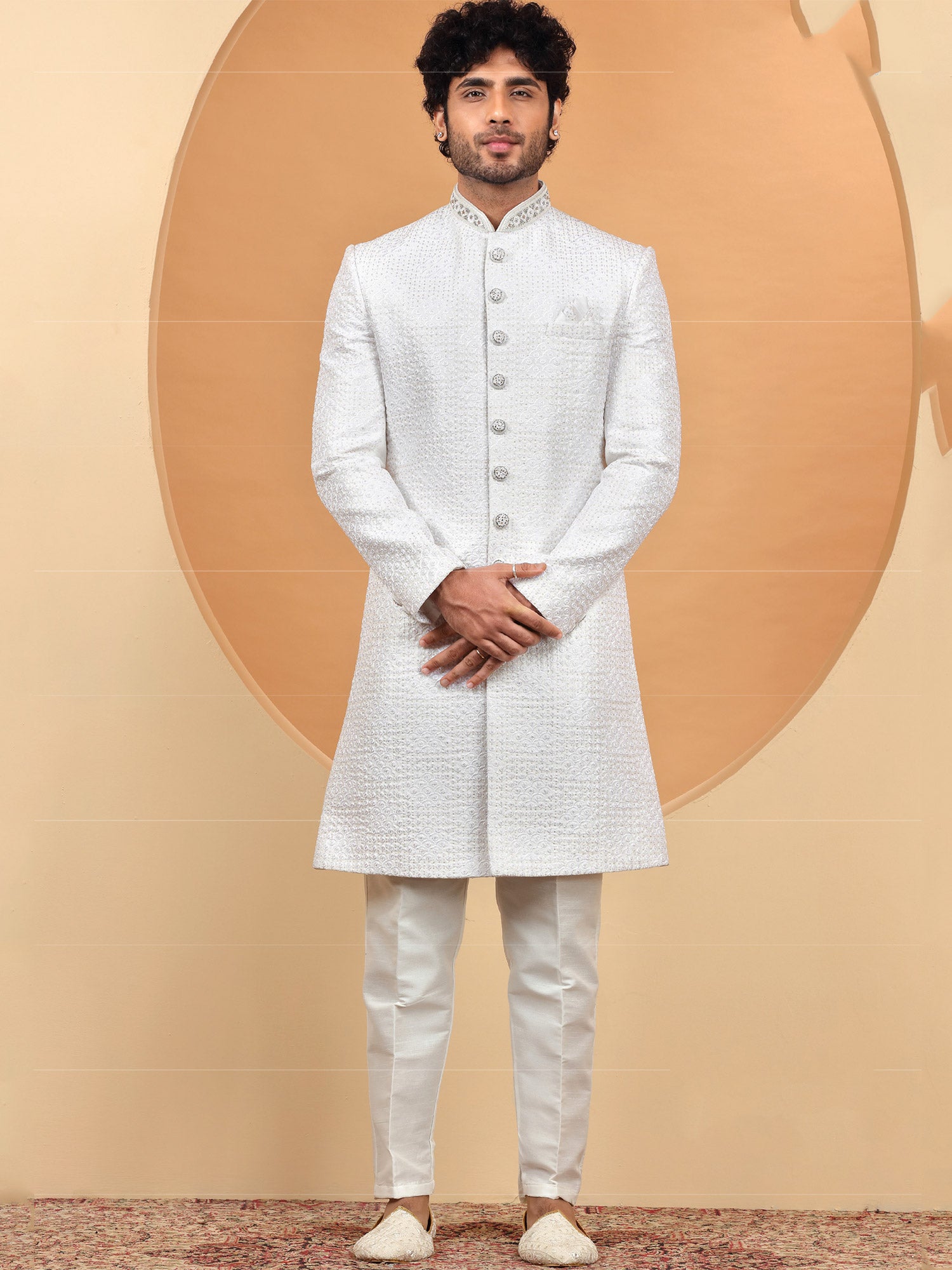 White Embroidered Mens Sherwani Set