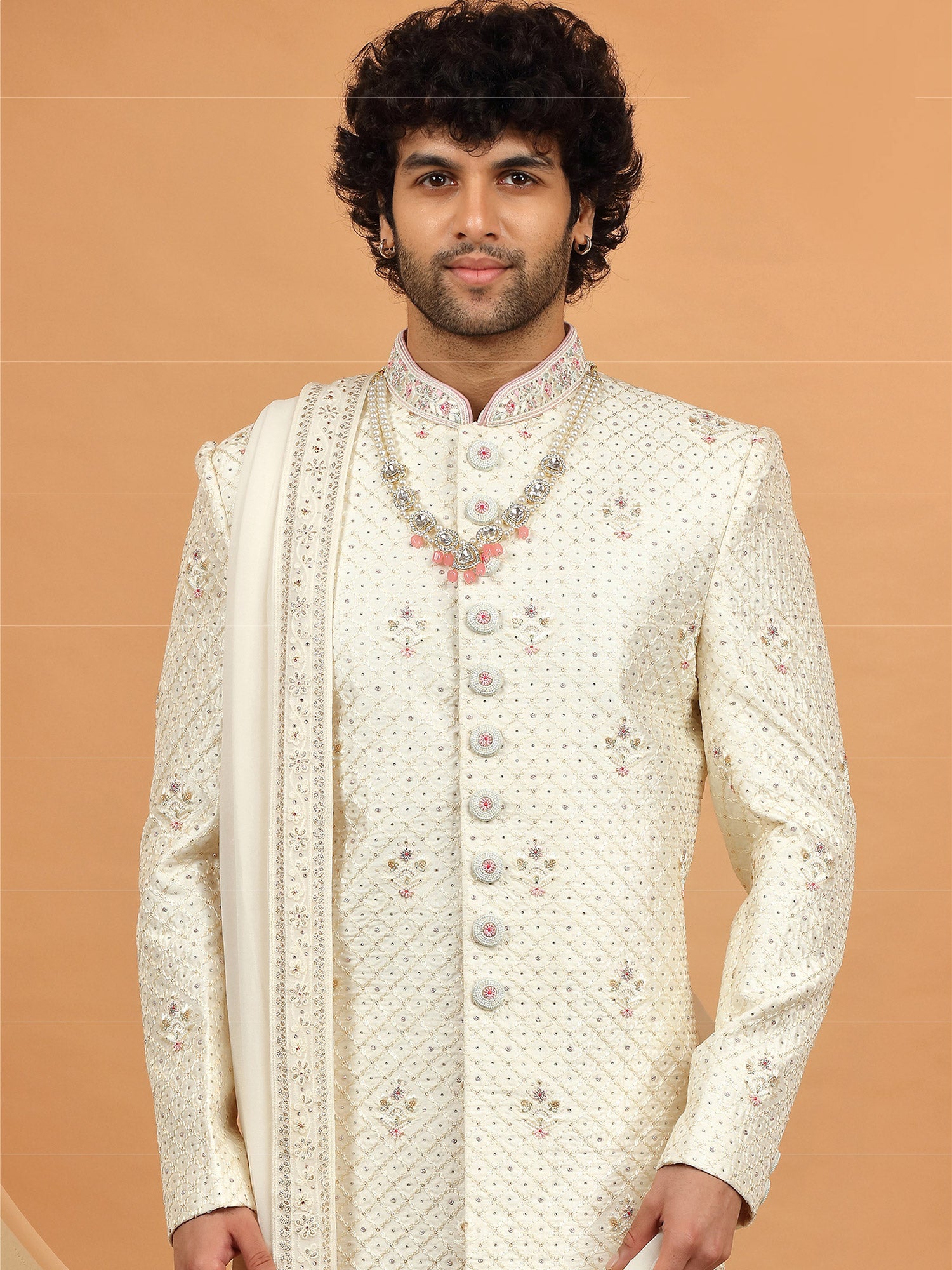 Cream Stone Embellished Sherwani For Mens