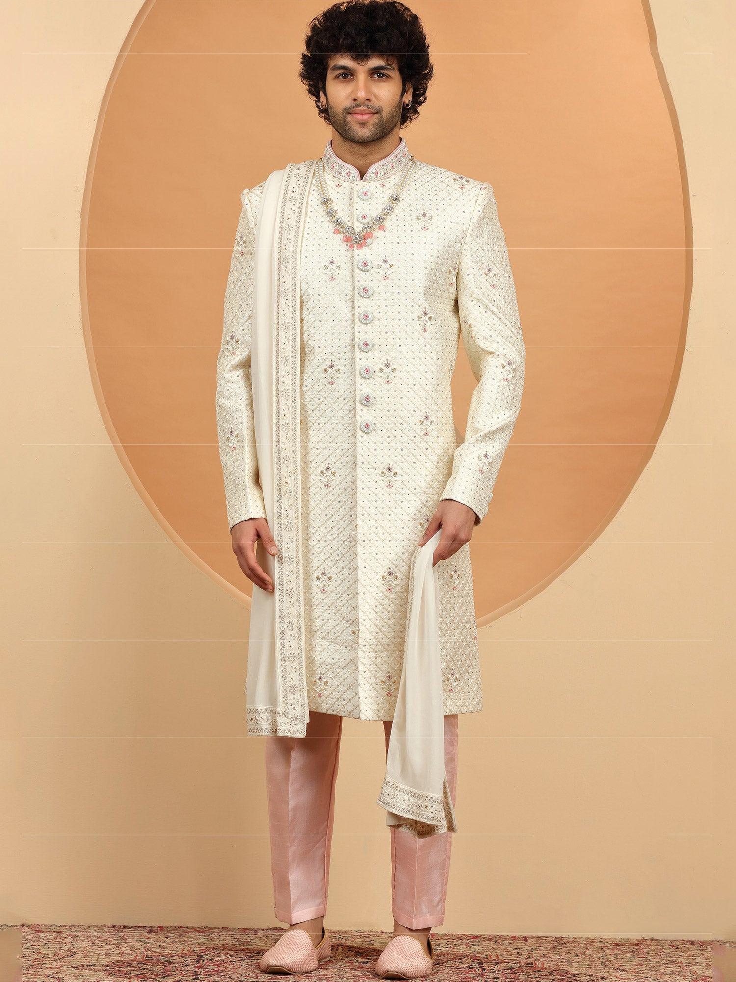 Cream Stone Embellished Sherwani For Mens